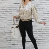 Soft Beige Satin Top with Mandarin Collar & Puffed Sleeves. Nine2Five