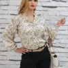 Soft Beige Satin Top with Mandarin Collar & Puffed Sleeves. Nine2Five