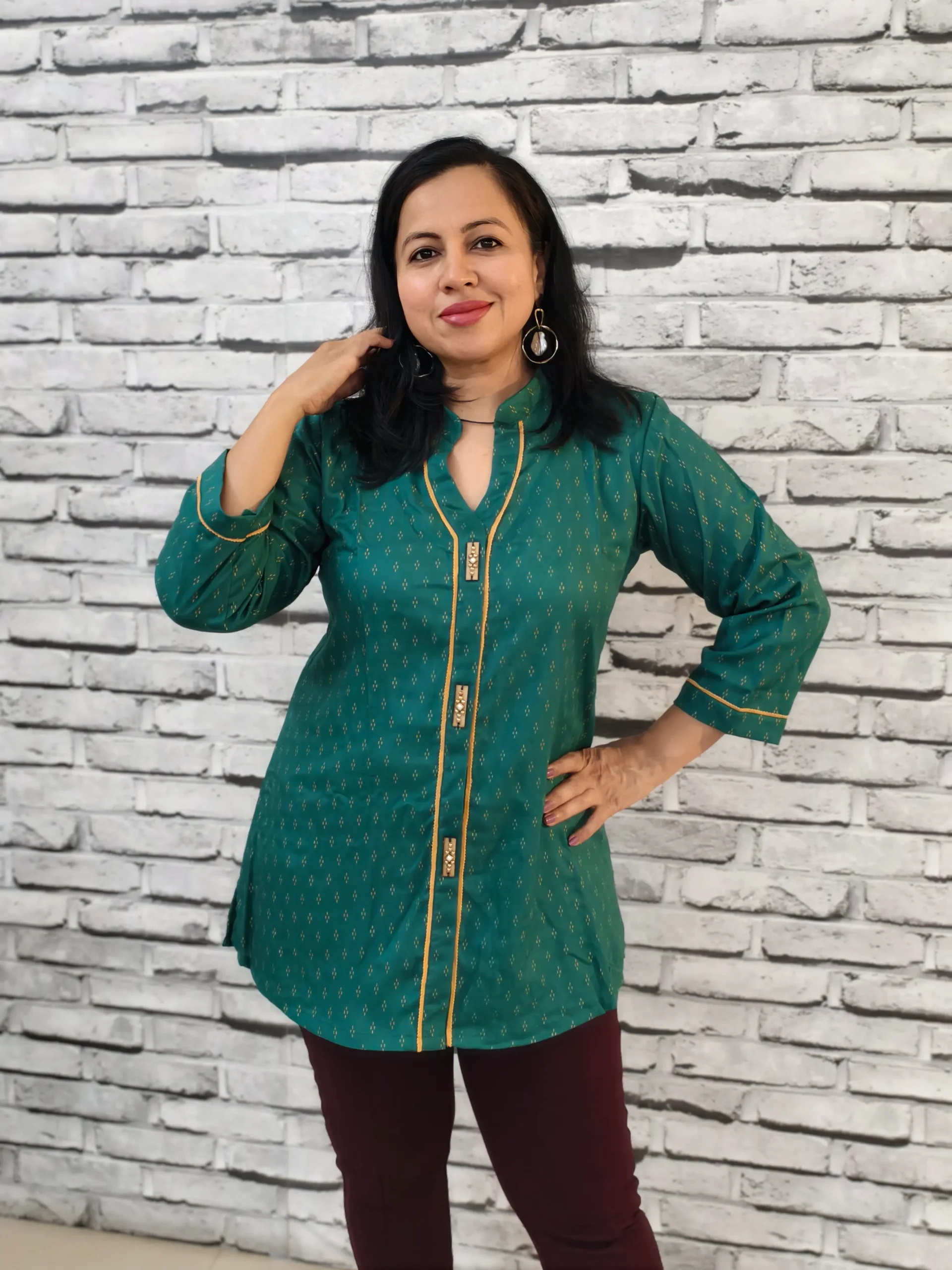 Teal Floral Cotton Kurti with Lace-Up Back main image 0