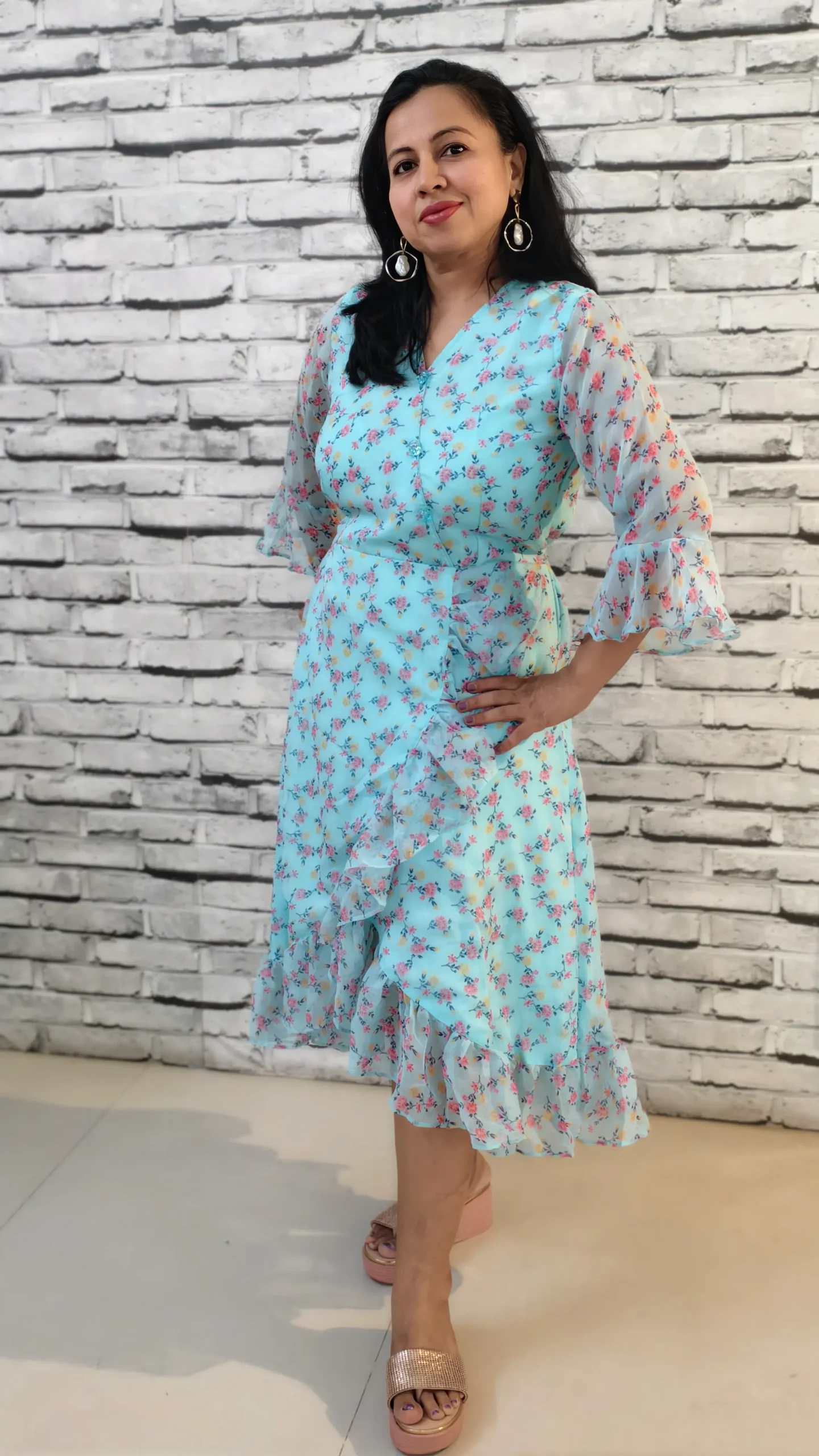 Sky Blue Cross-Frilled Chiffon Midi Dress, nine2five