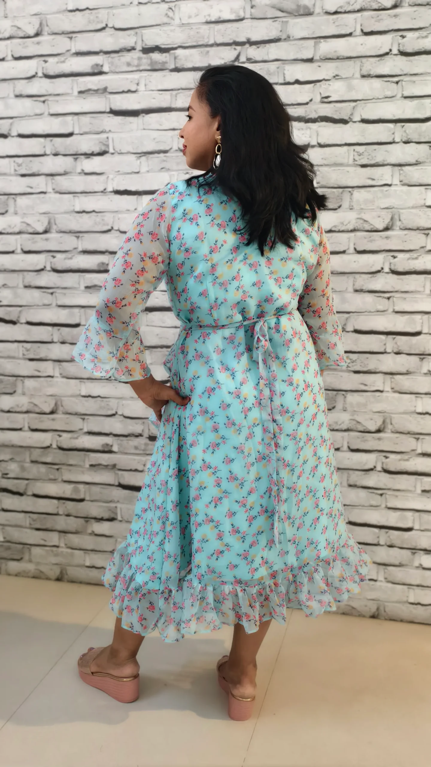 Sky Blue Cross-Frilled Chiffon Midi Dress, nine2five