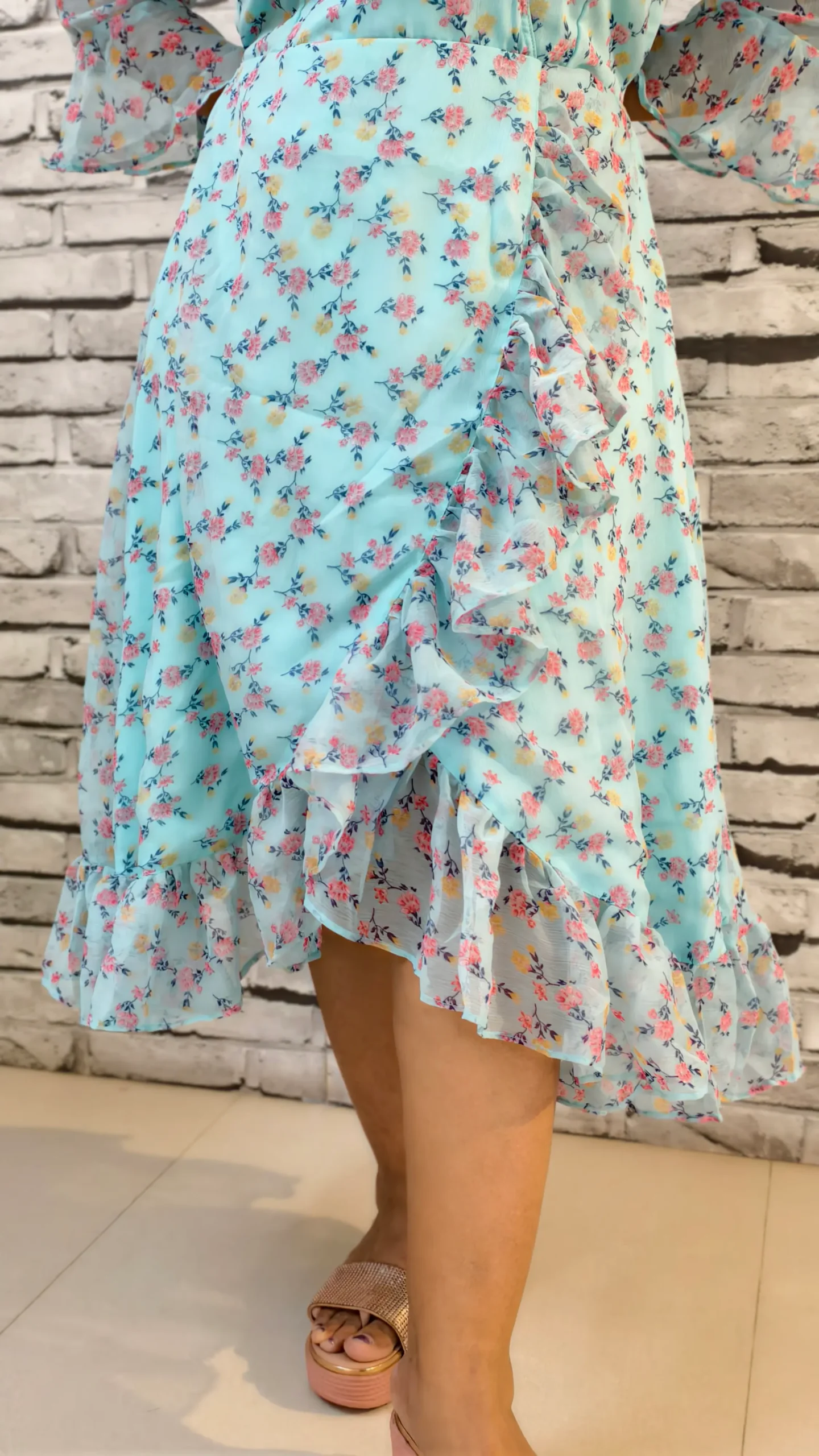 Sky Blue Cross-Frilled Chiffon Midi Dress, nine2five