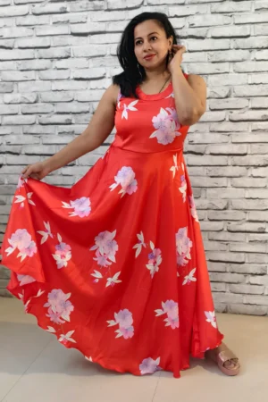 Satin Red Floral Umbrella Flare Dress, nine2five