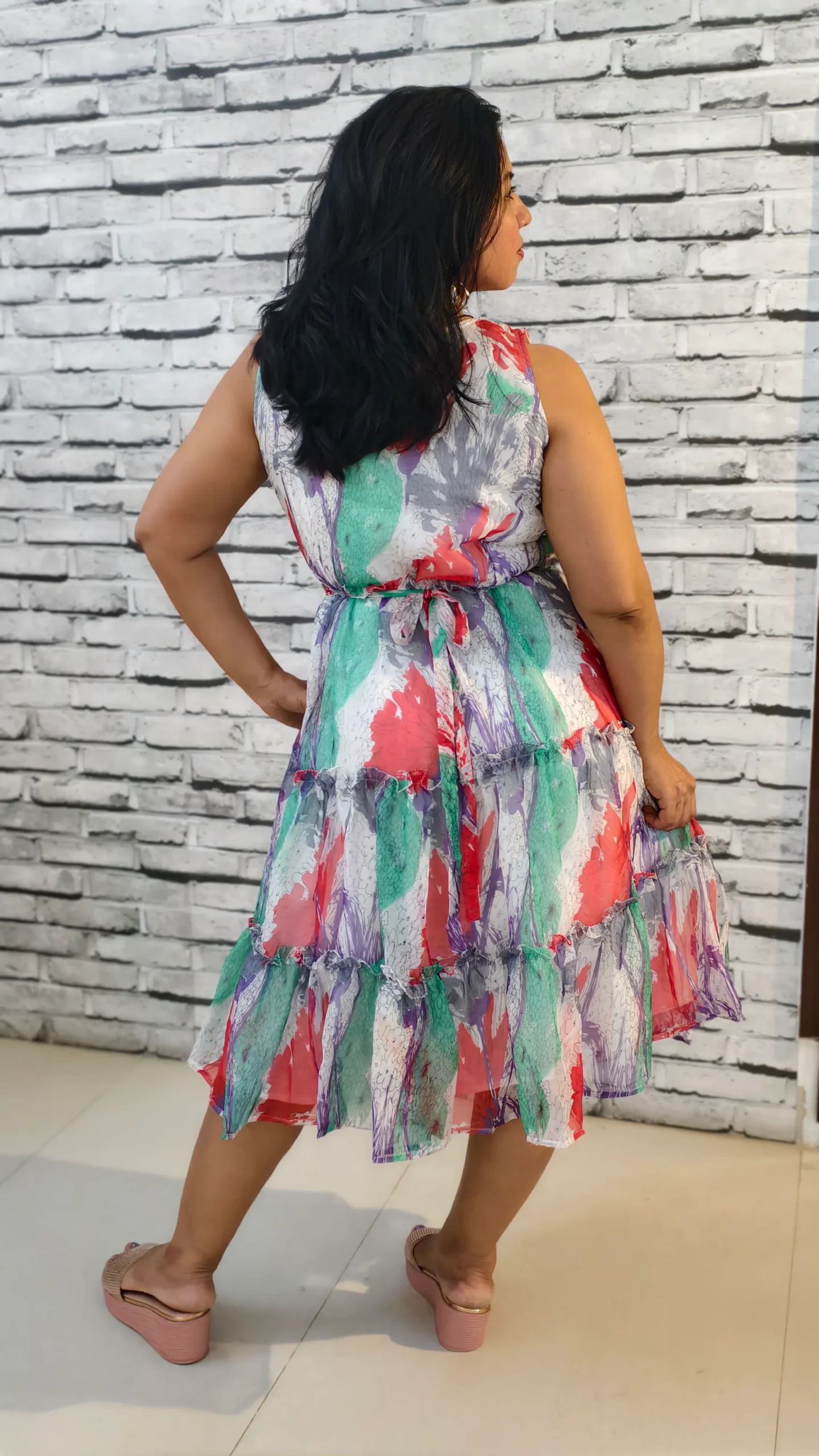 Bubble Gum Swirl Tiered Midi Dress – Chiffon with Lining
