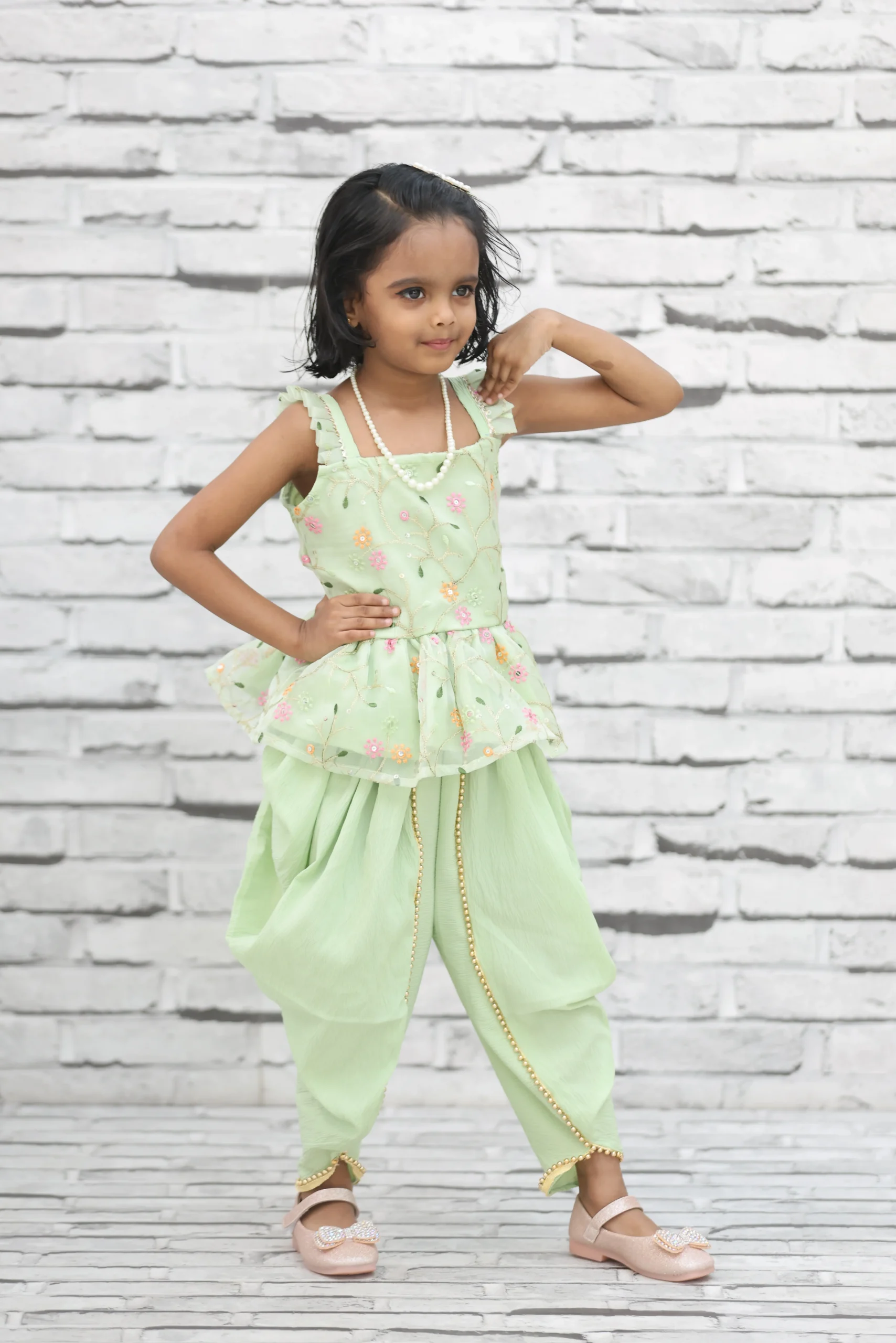 Pastel Green Floral Organza Embroidered Tunic with Dhoti-Style Pants for Girls
