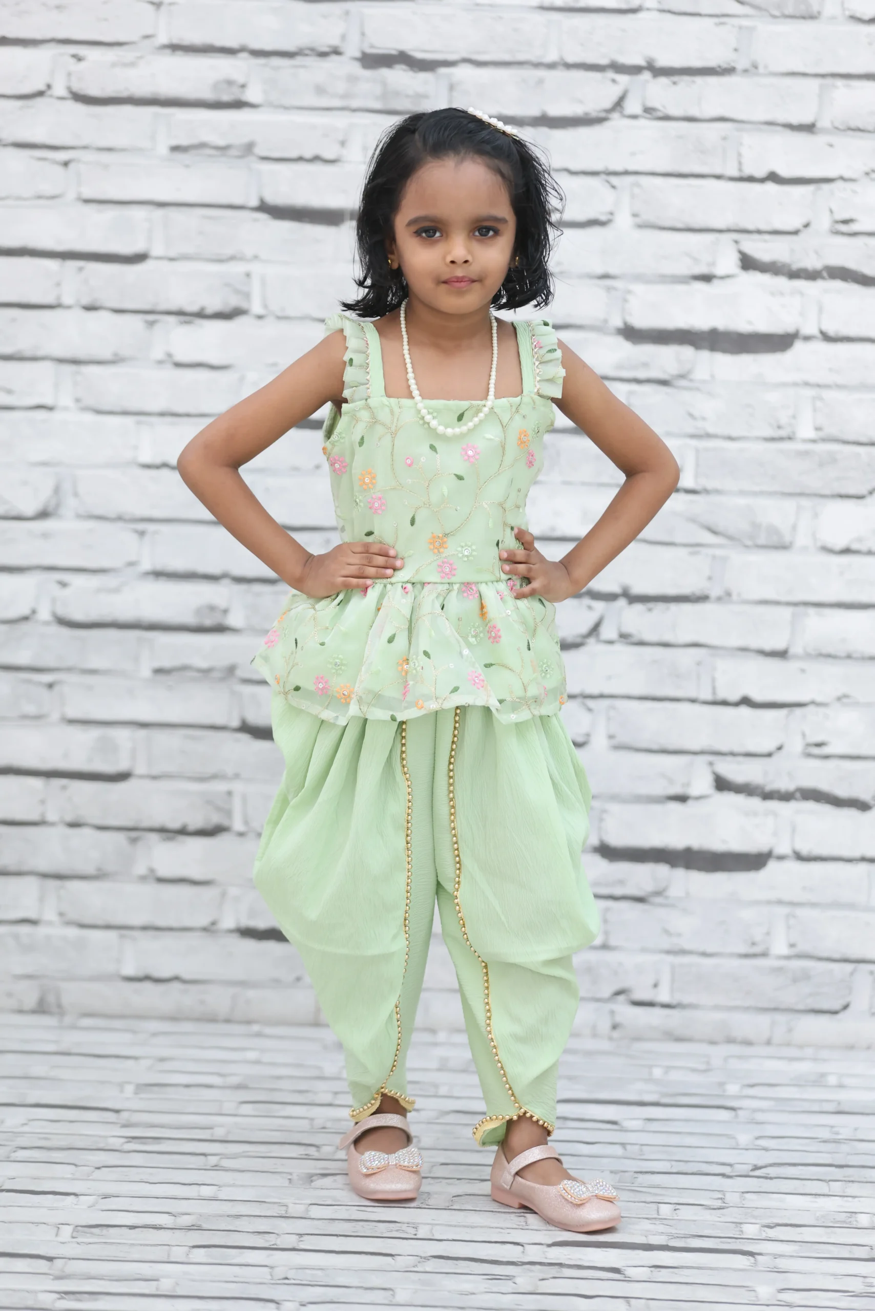 Pastel Green Floral Organza Embroidered Tunic with Dhoti-Style Pants for Girls