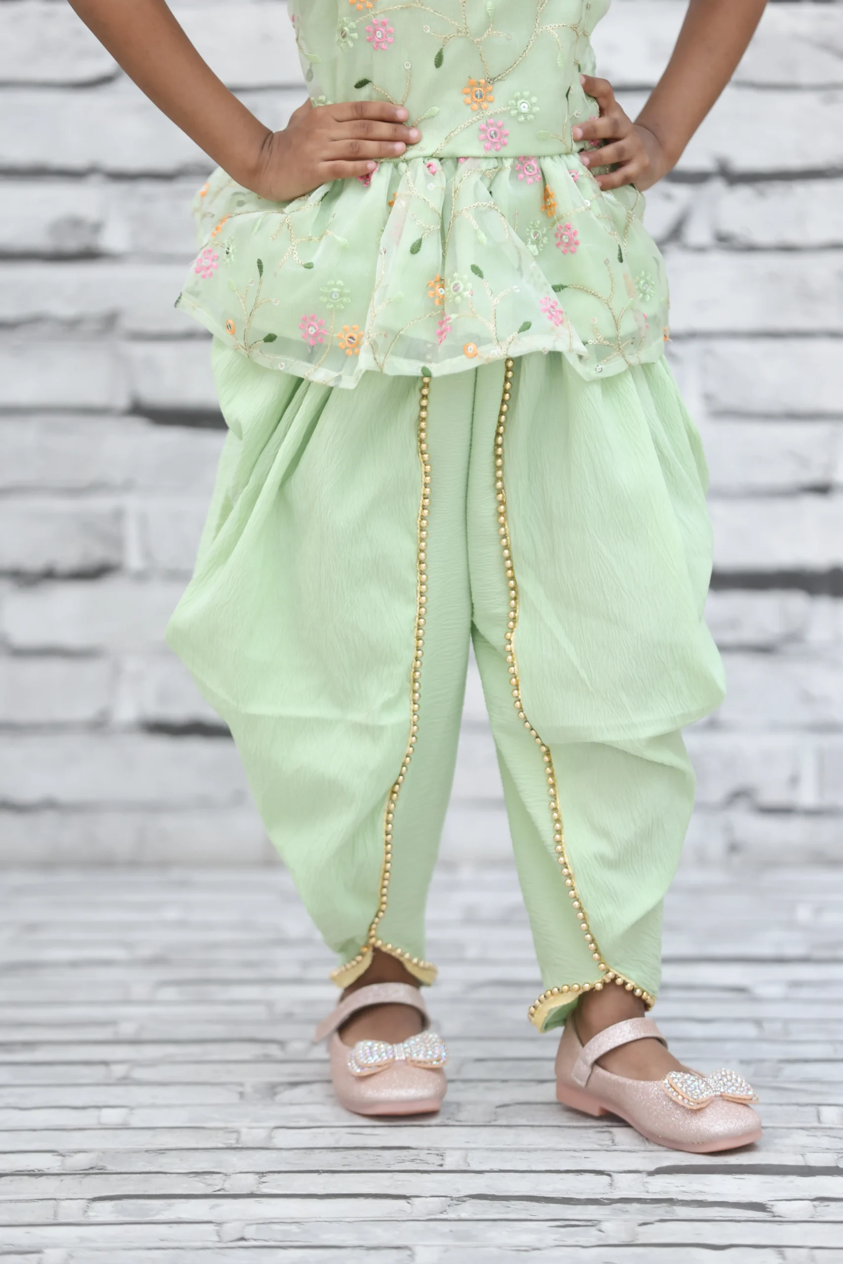 Pastel Green Floral Organza Embroidered Tunic with Dhoti-Style Pants for Girls