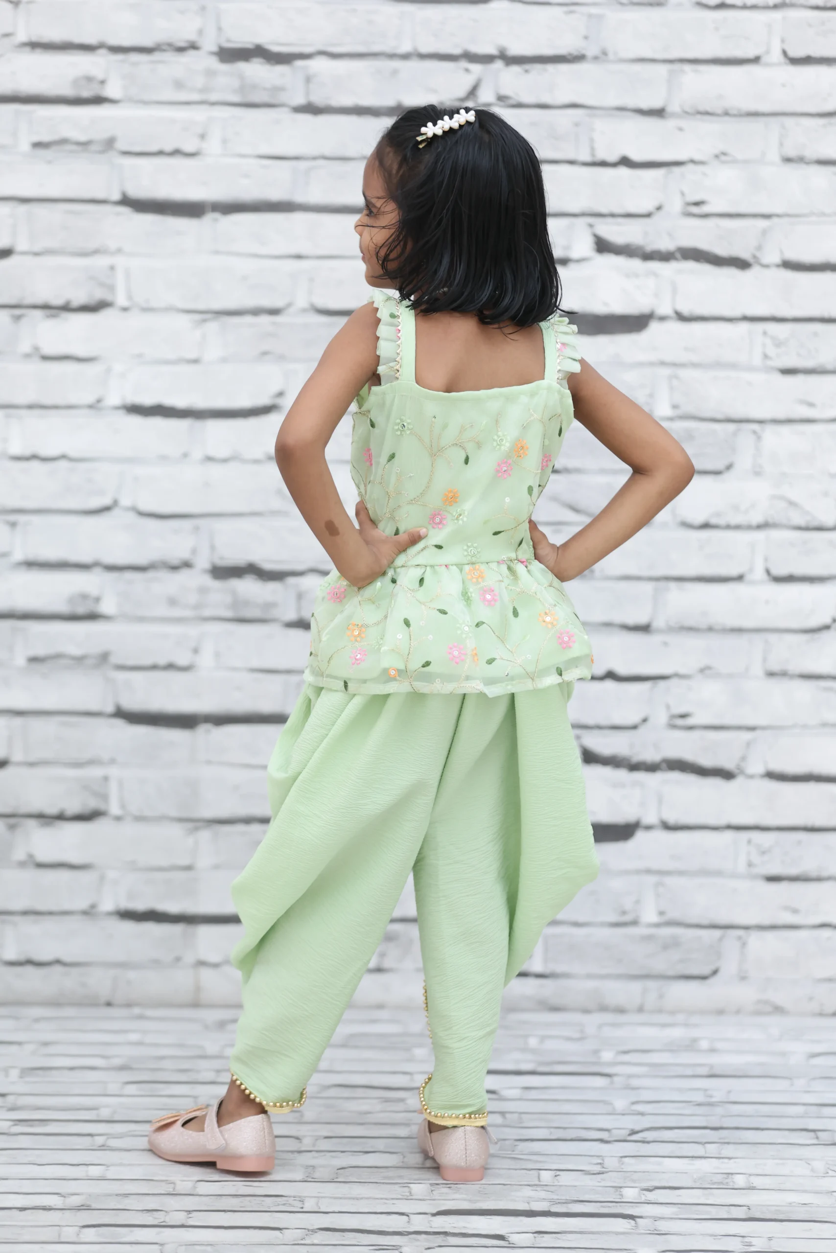 Pastel Green Floral Organza Embroidered Tunic with Dhoti-Style Pants for Girls