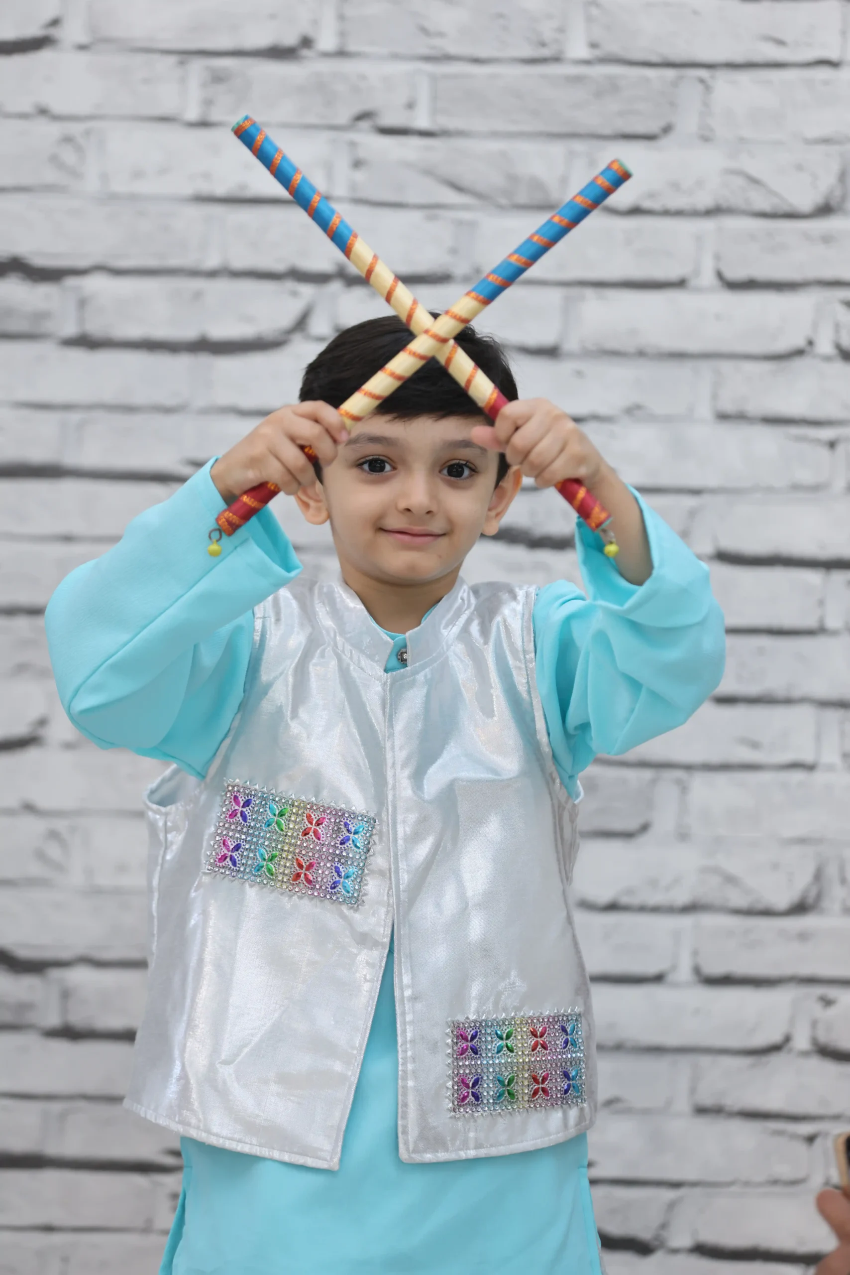 Festive Sky Blue & Silver Dhoti Kurta Set – Boys' 3-Piece Traditional Outfit