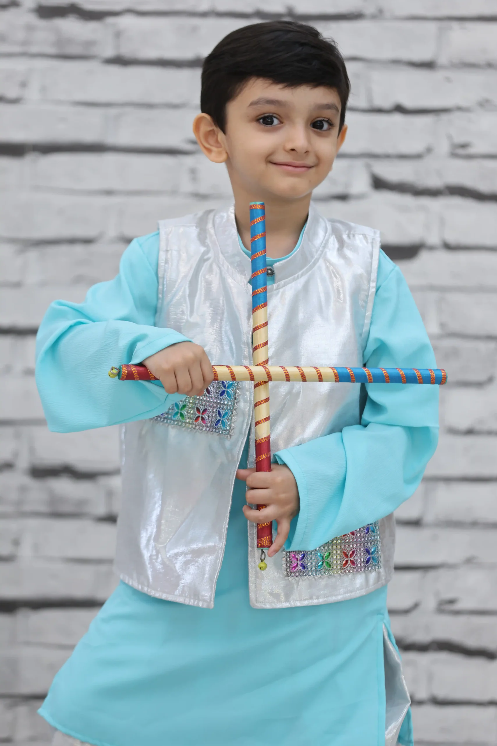 Festive Sky Blue & Silver Dhoti Kurta Set – Boys' 3-Piece Traditional Outfit