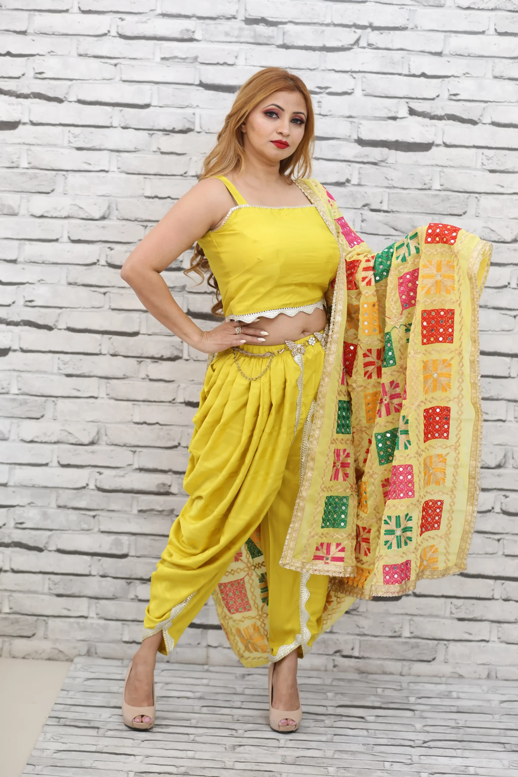 Yellow Dhoti Crop Top Set with Phulkari Dupatta – Nine2Five