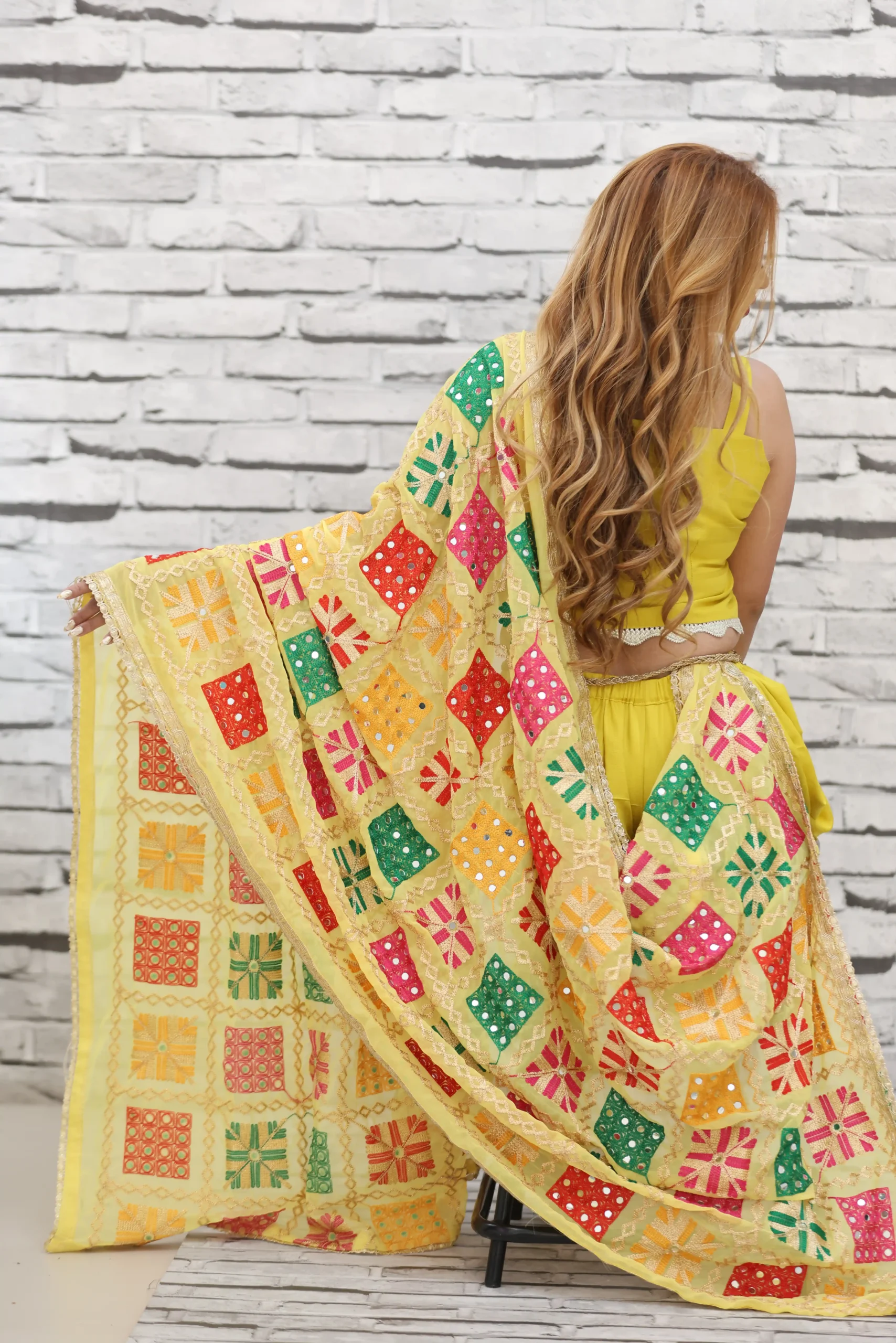 Yellow Dhoti Crop Top Set with Phulkari Dupatta – Nine2Five