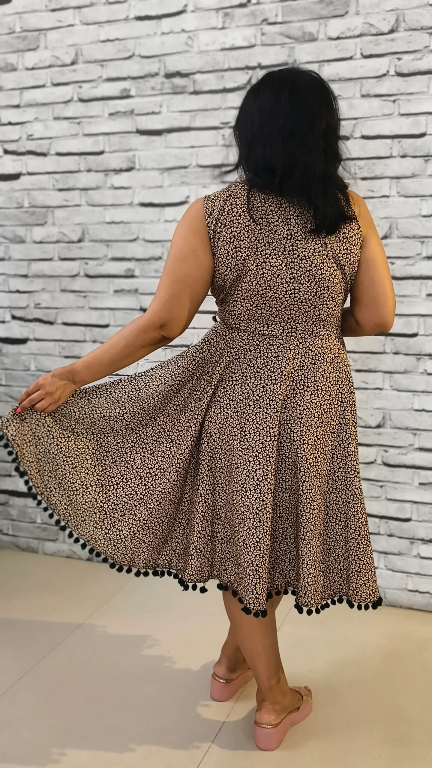 Chocolate Brown Full Flair Rayon Dress with Pom-Pom Detail