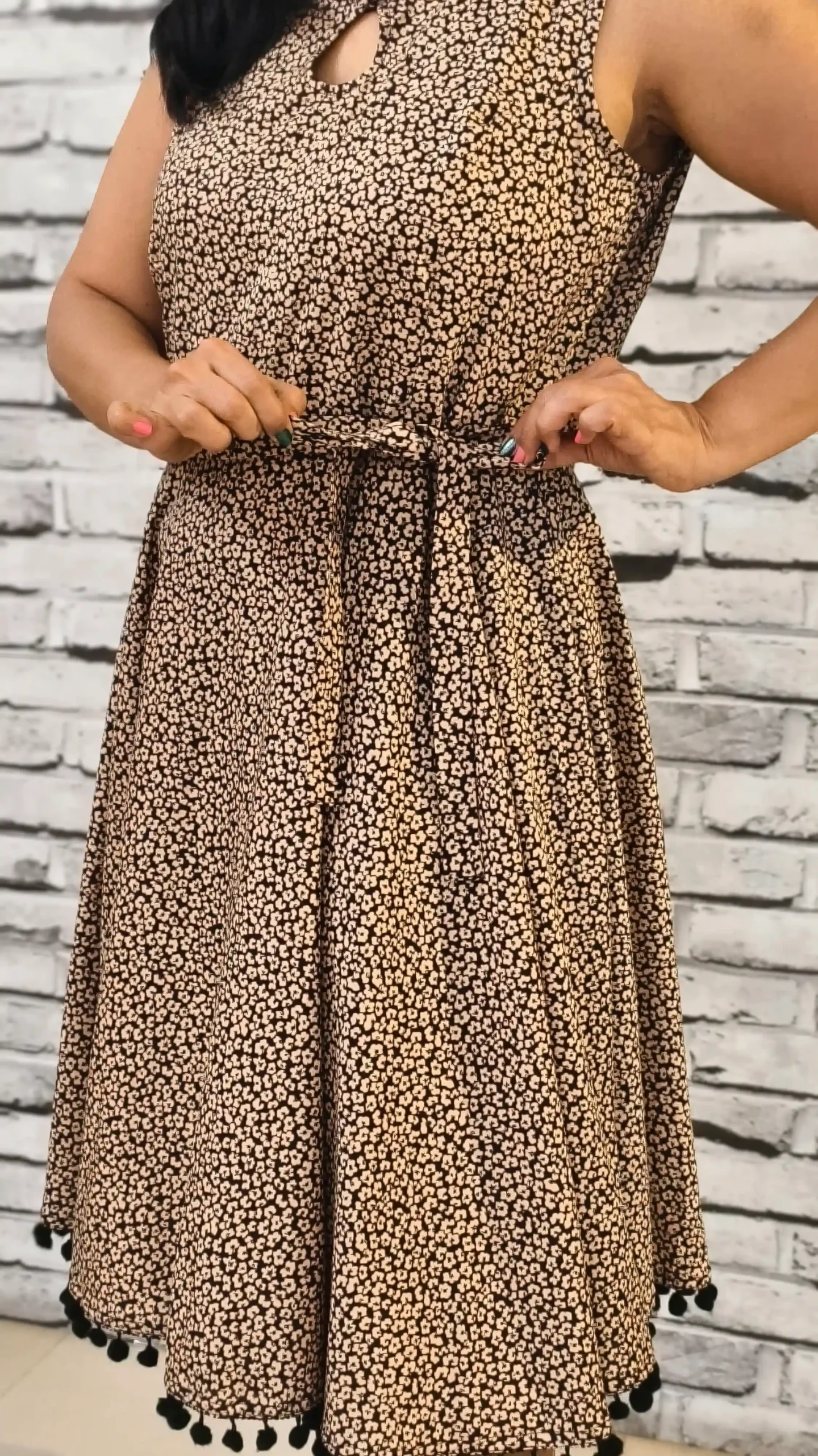 Chocolate Brown Full Flair Rayon Dress with Pom-Pom Detail