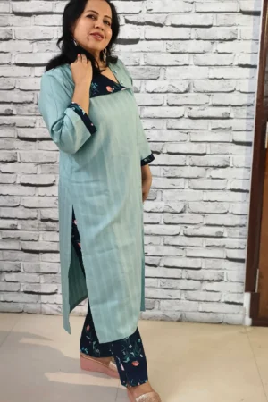 Sage Green Flap Kurti Set with Navy Printed Cotton Pants