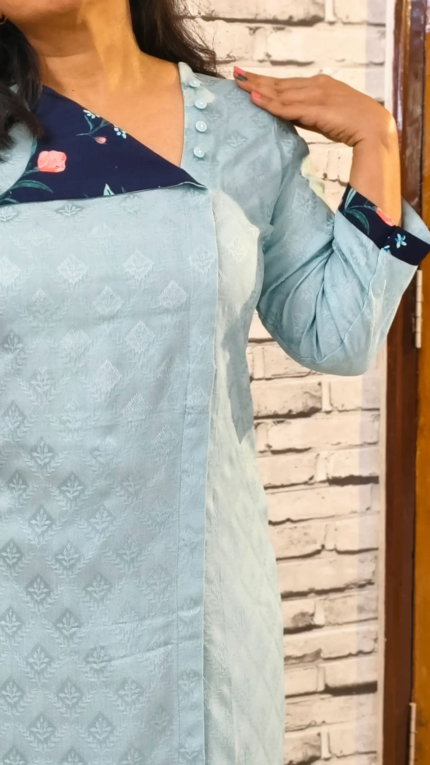 Sage Blue Jacquard Flap Kurti with Navy Floral Cotton Pants