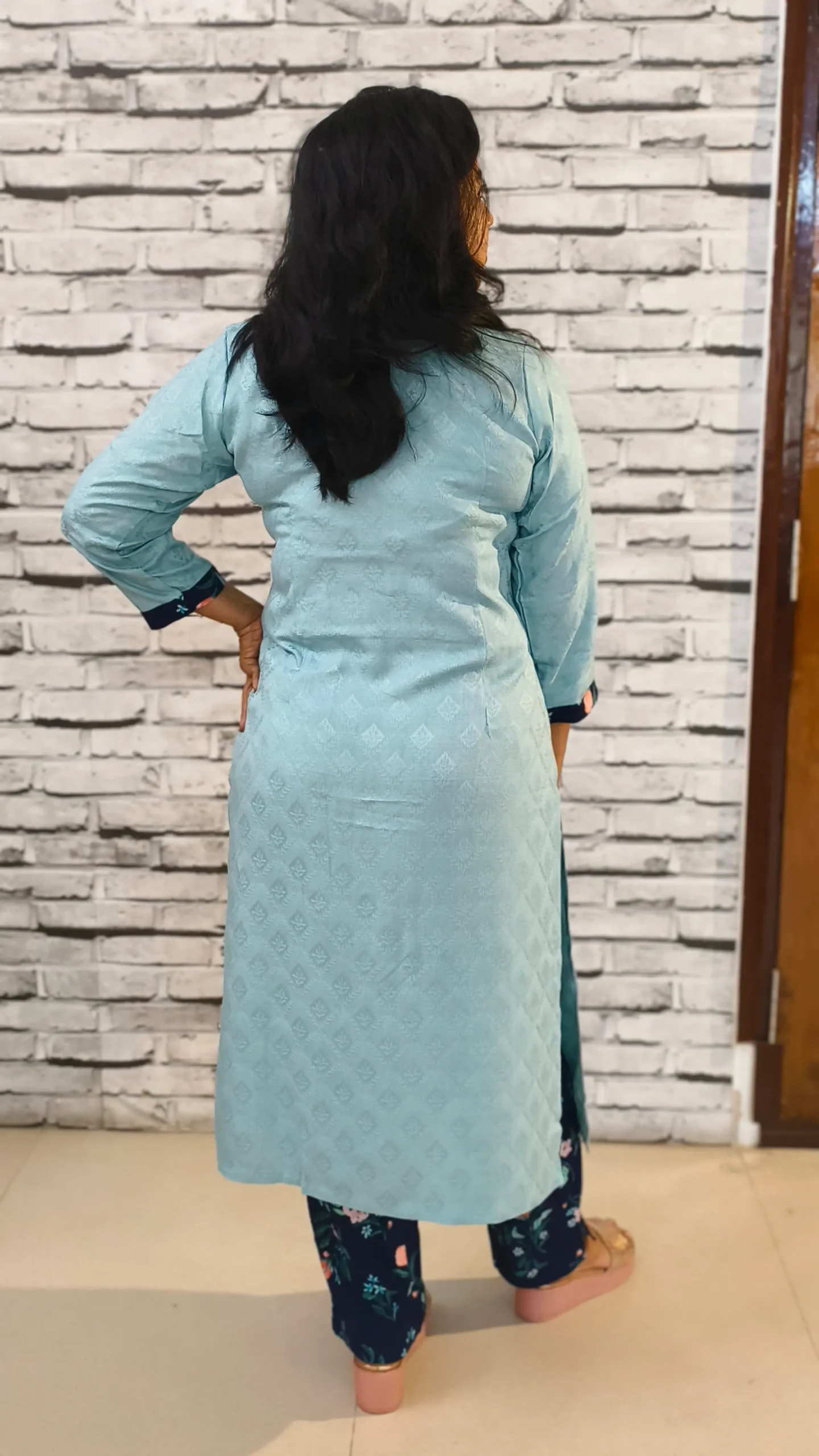 Sage Blue Jacquard Flap Kurti with Navy Floral Cotton Pants