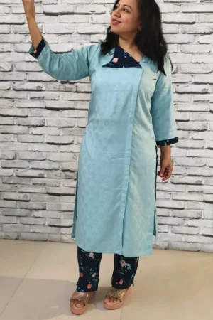 Sage Blue Jacquard Flap Kurti with Navy Floral Cotton Pants