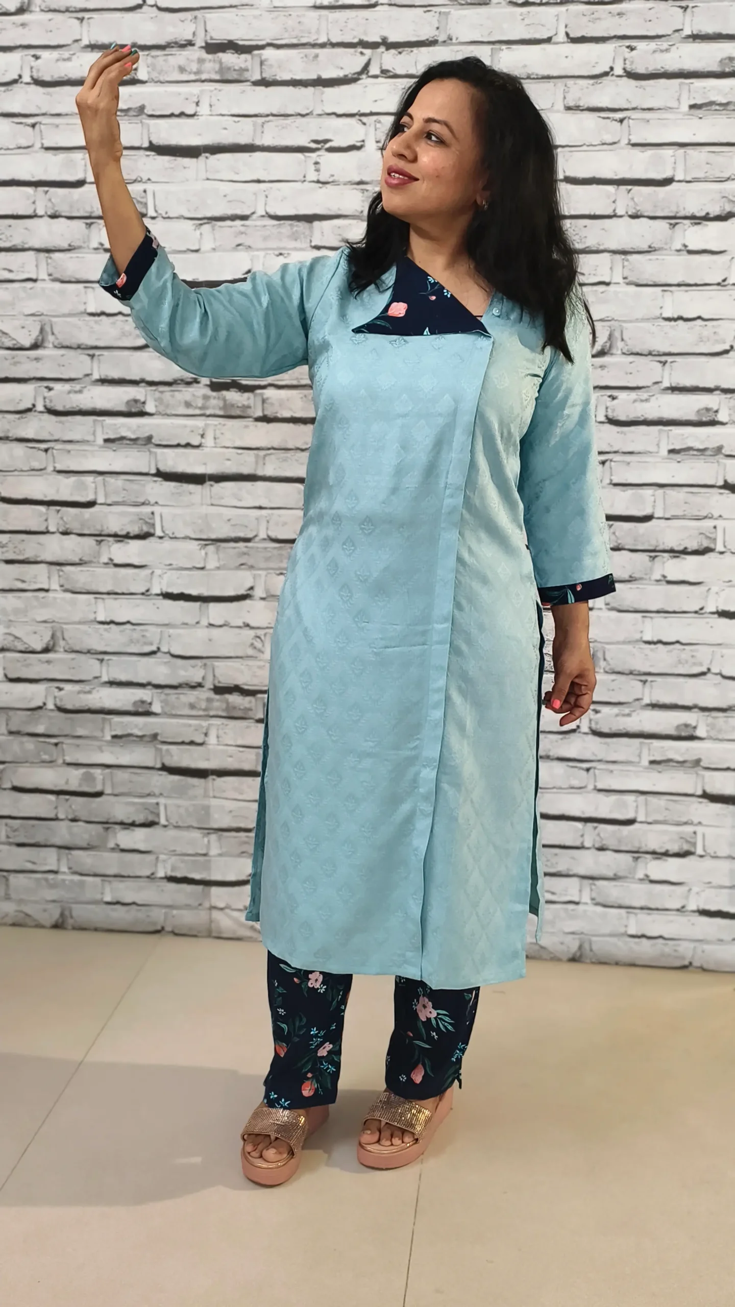 Sage Blue Jacquard Flap Kurti with Navy Floral Cotton Pants