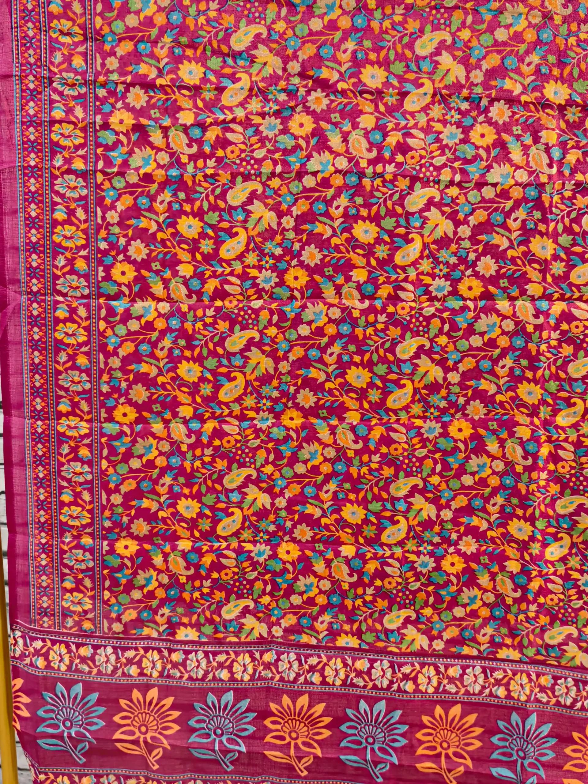 Rani Pink Multicolor Floral & Paisley Print Khadi Silk Dupatta