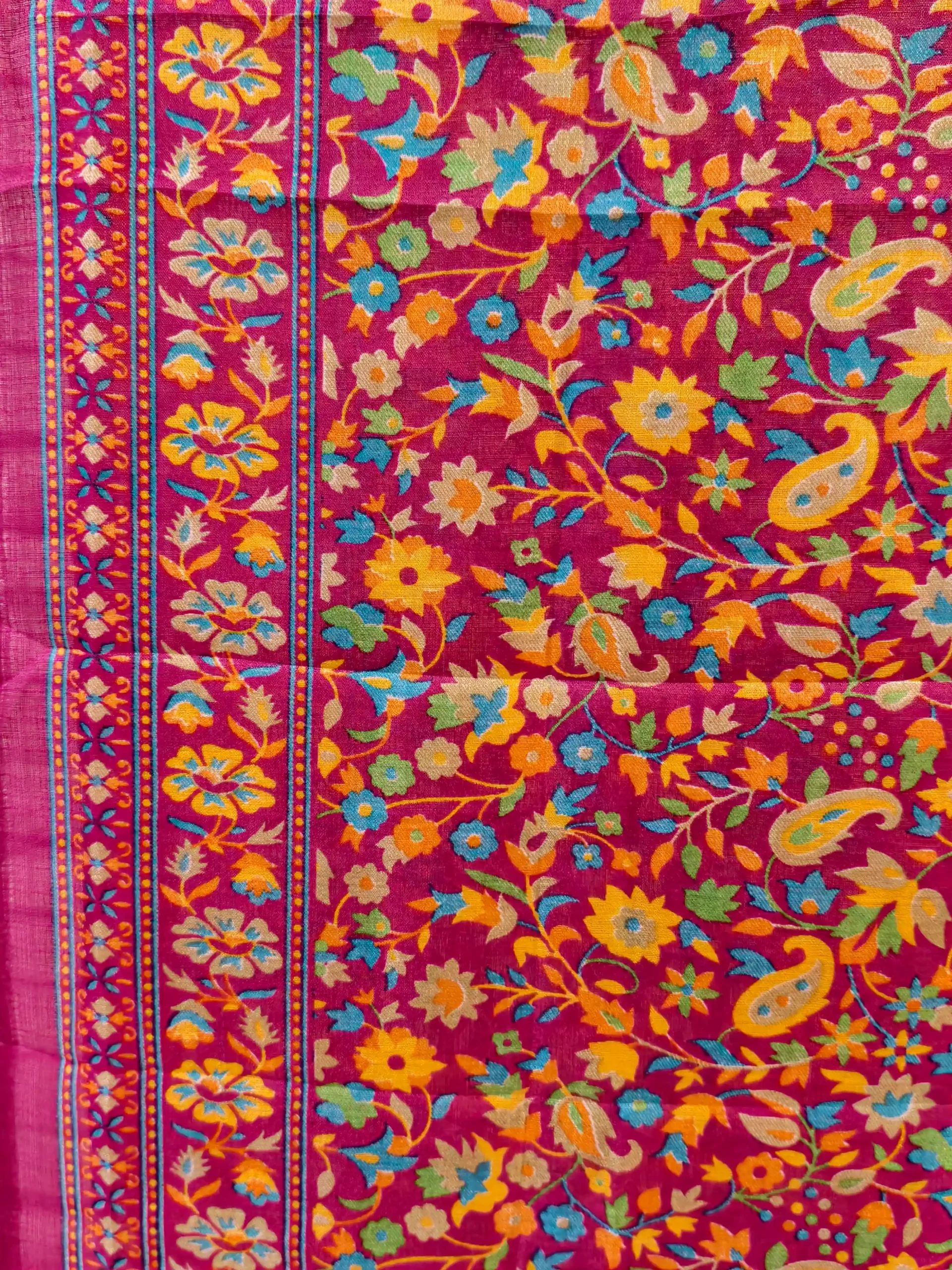 Rani Pink Multicolor Floral & Paisley Print Khadi Silk Dupatta