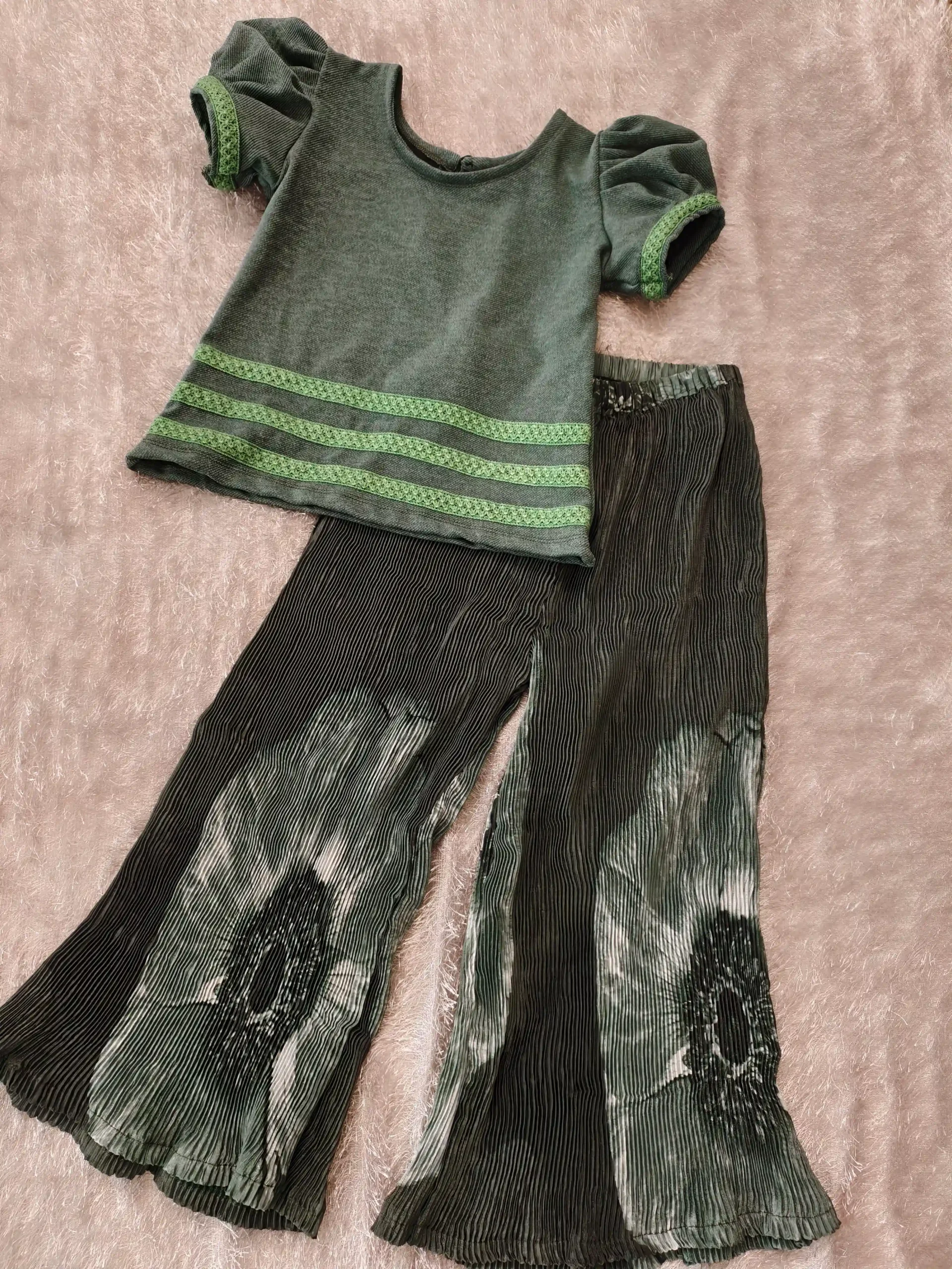 Olive Green Wrinkle Fabric Palazzo Set for Girls | Digital Print | Nine2Five
