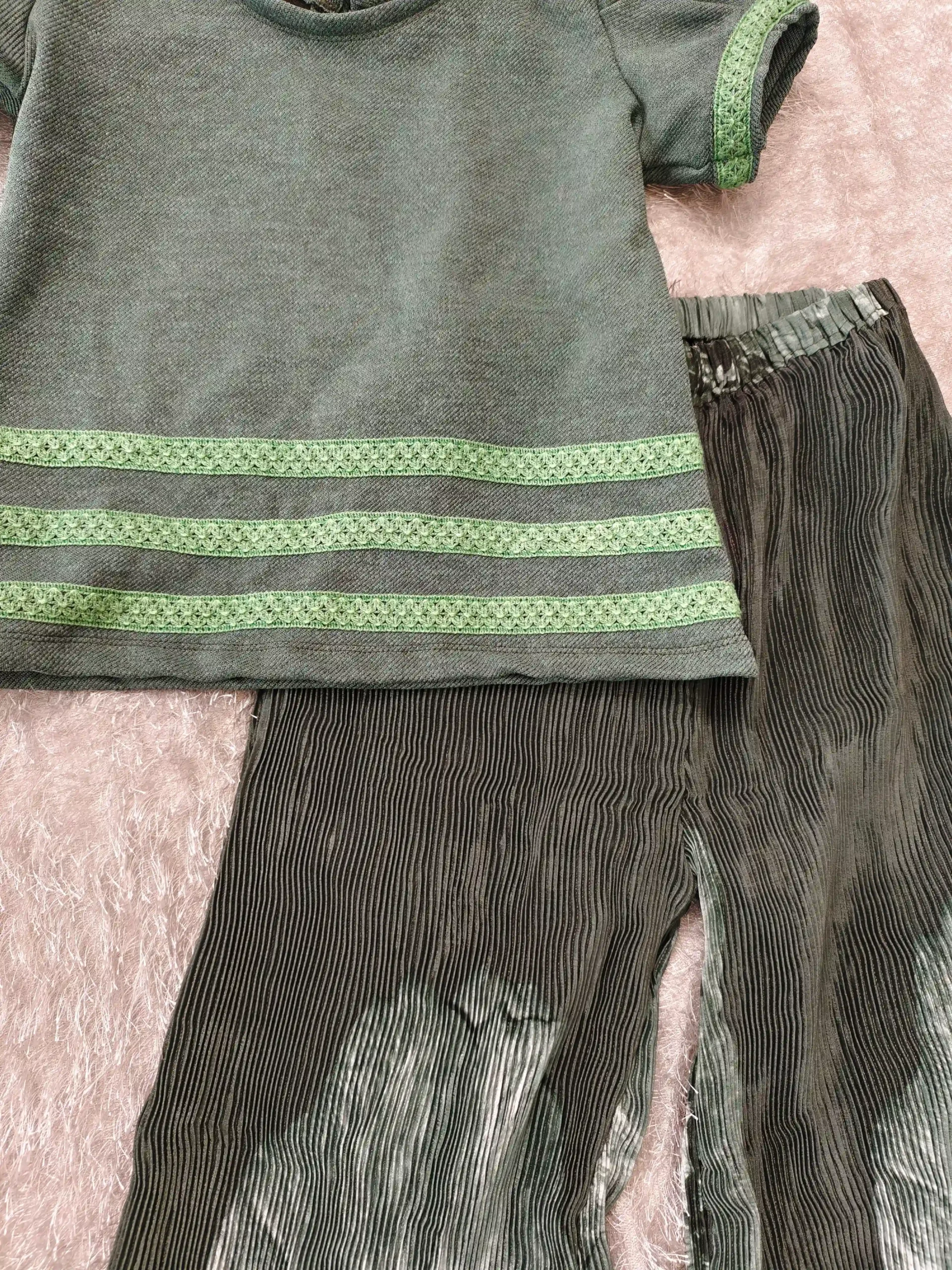 Olive Green Wrinkle Fabric Palazzo Set for Girls | Digital Print | Nine2Five