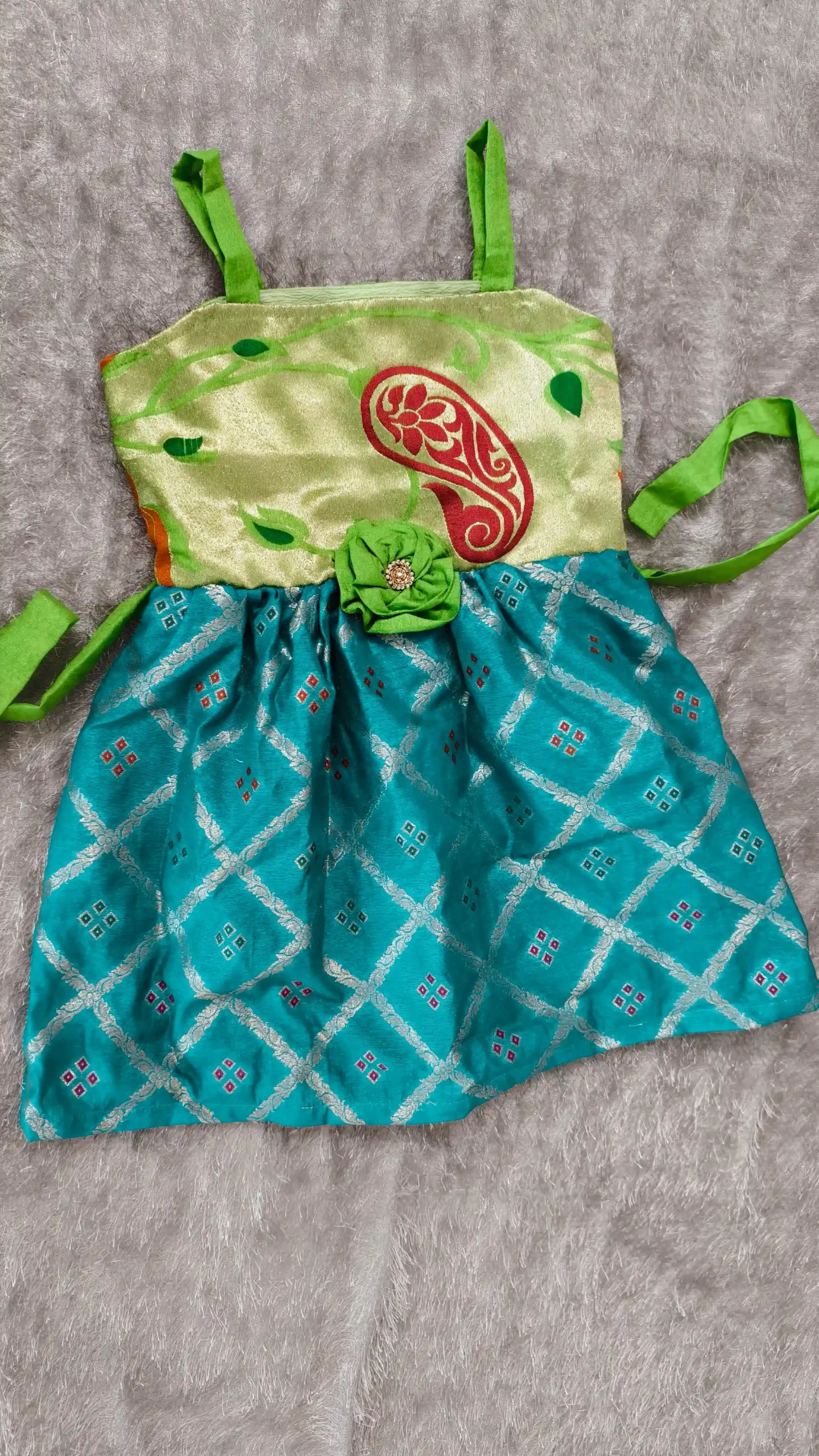 Brocade Festive Dress for Girls (Till Age 3) – Green & Blue | Lined | Nine2Five