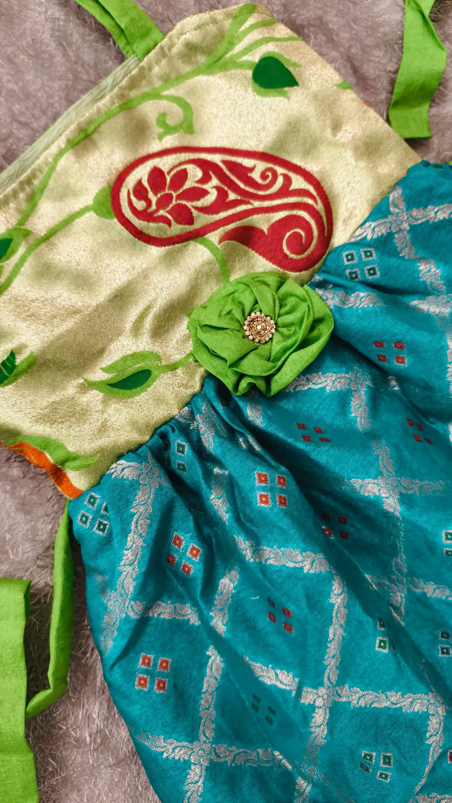 Brocade Festive Dress for Girls (Till Age 3) – Green & Blue | Lined | Nine2Five