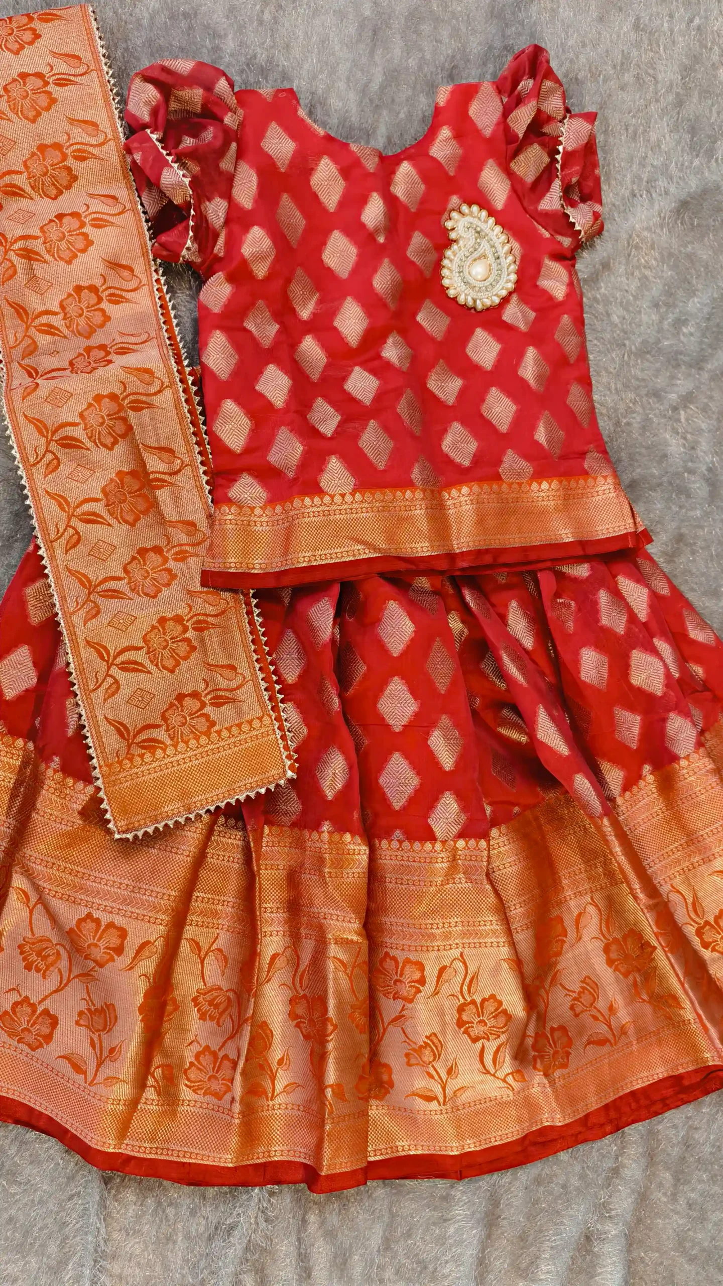 Pinkish Red Ethnic 3-Piece Dress Set for Girls – Banarasi Dupatta | Nine2Five