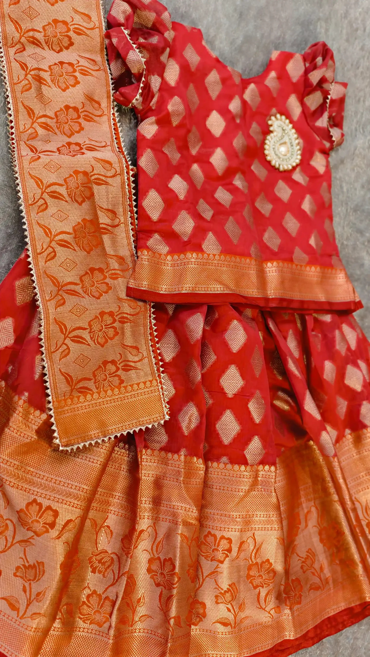 Pinkish Red Ethnic 3-Piece Dress Set for Girls – Banarasi Dupatta | Nine2Five
