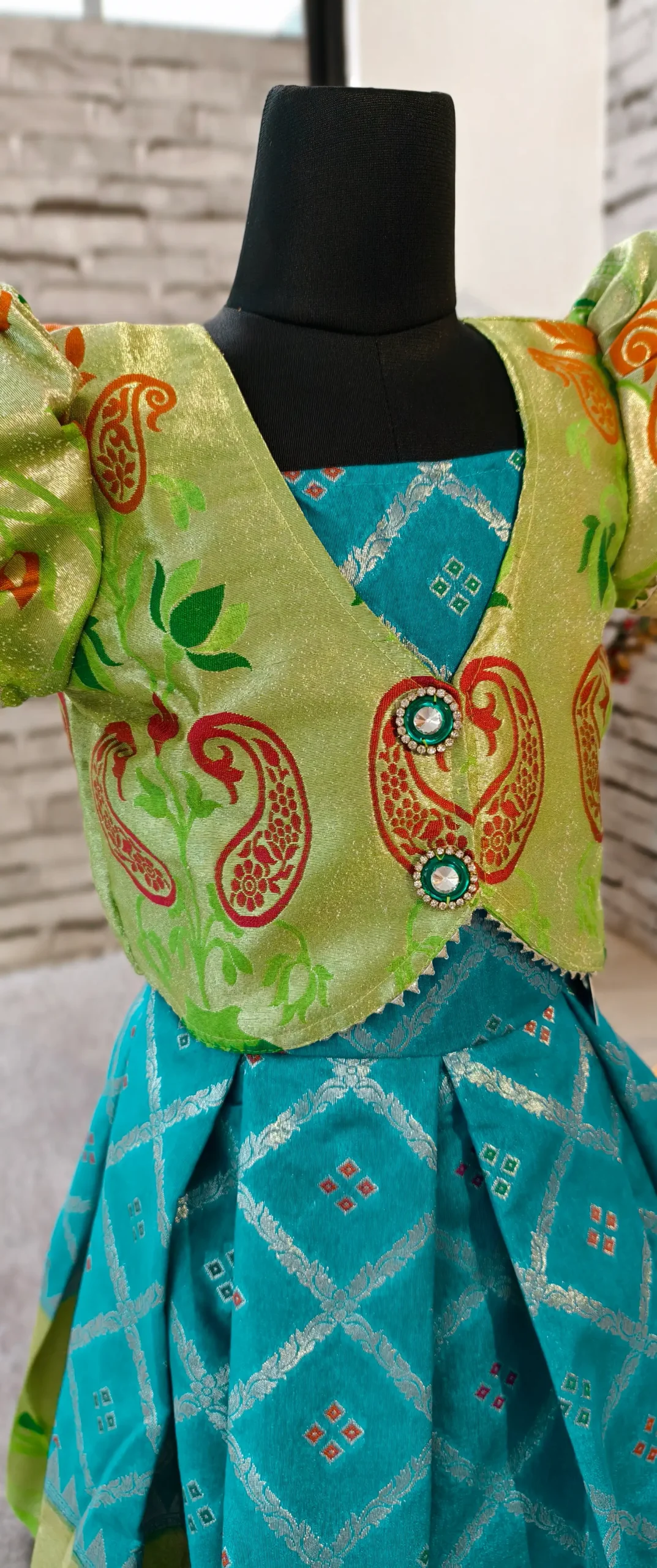 Banarasi Silk 2-Piece Jacket Frock Set – Green & Teal | Nine2Five
