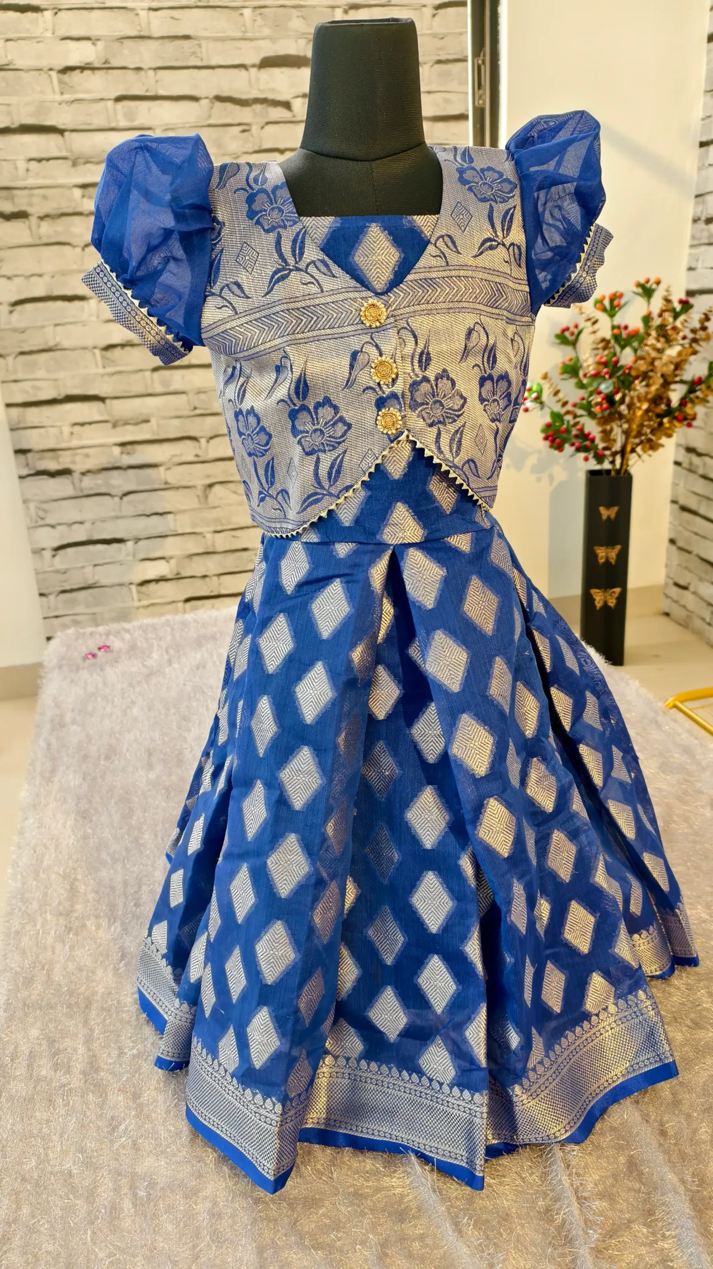 Chanderi Silk 2-Piece Jacket Frock Set – Royal Blue | Nine2Five