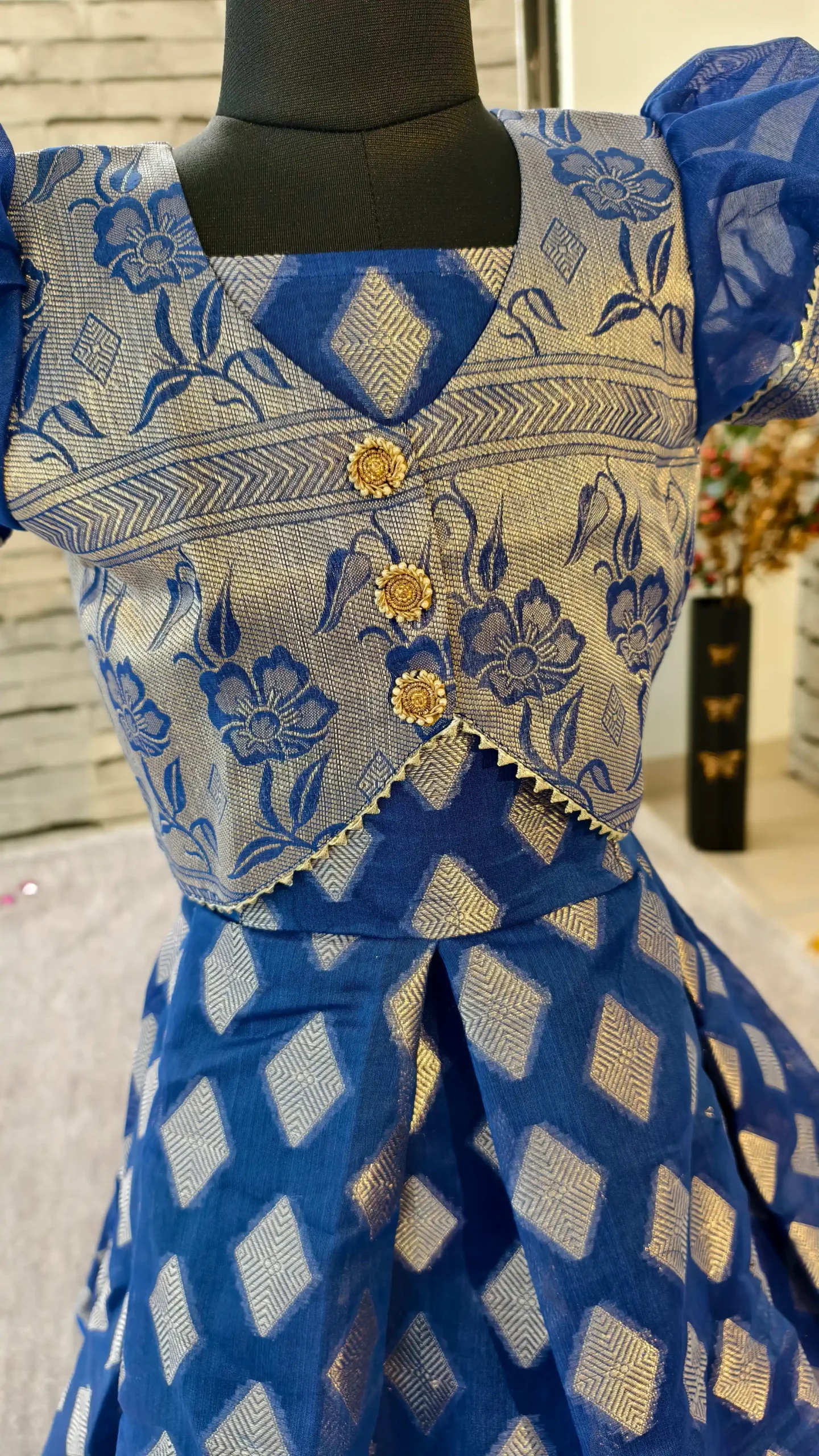 Chanderi Silk 2-Piece Jacket Frock Set – Royal Blue | Nine2Five
