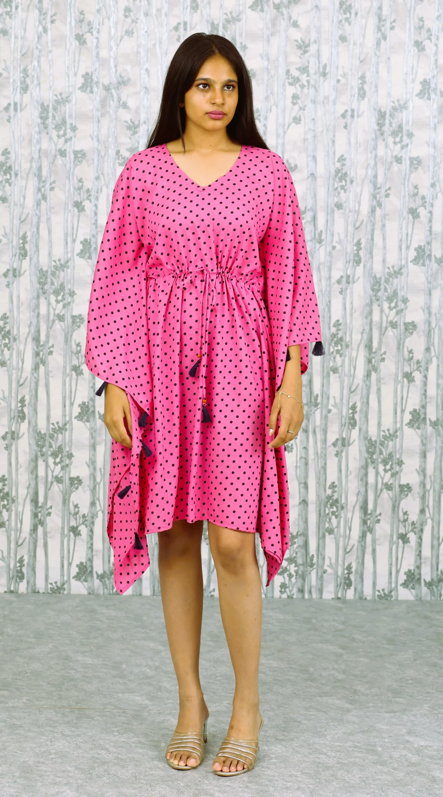 Pink Polka Dot Kaftan Dress with Tassel Ties – Nine2Five