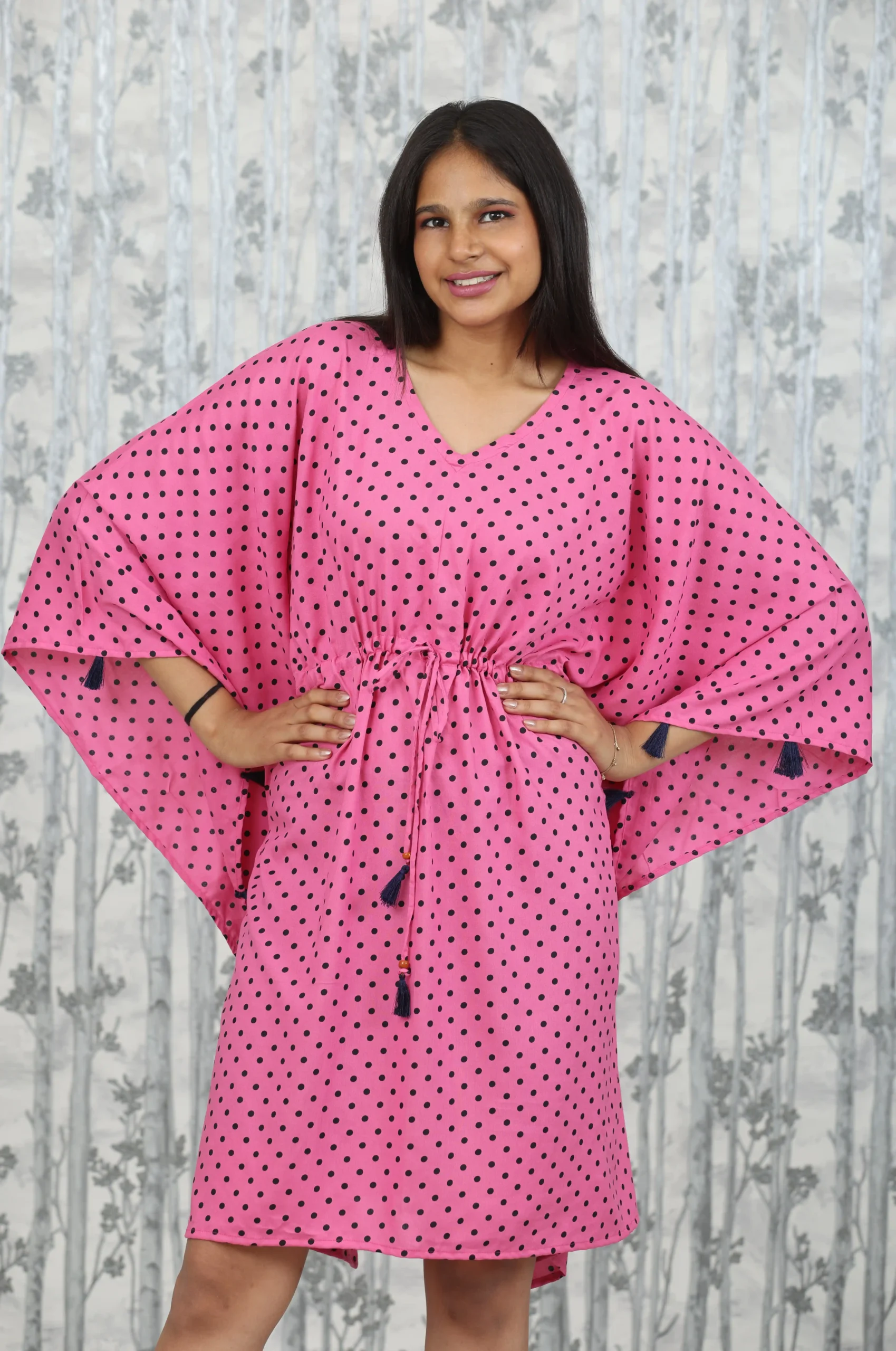 Pink Polka Dot Kaftan Dress with Tassel Ties – Nine2Five