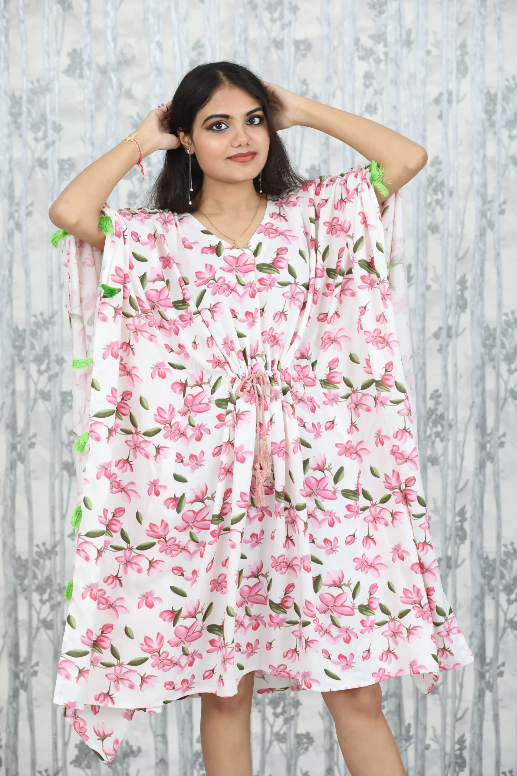White Floral Kaftan Dress with Tassel Tie-Up – Nine2Five