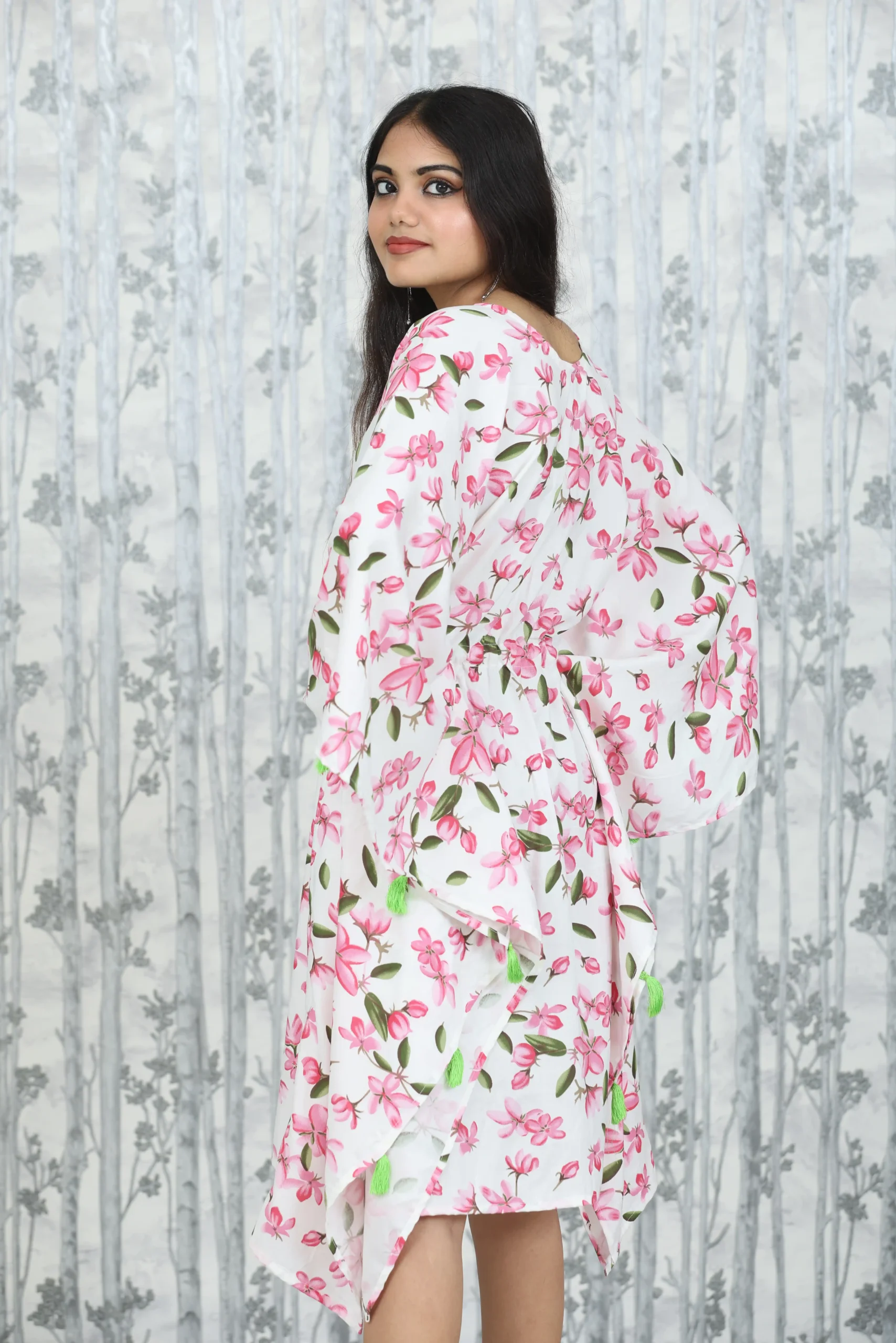 White Floral Kaftan Dress with Tassel Tie-Up – Nine2Five