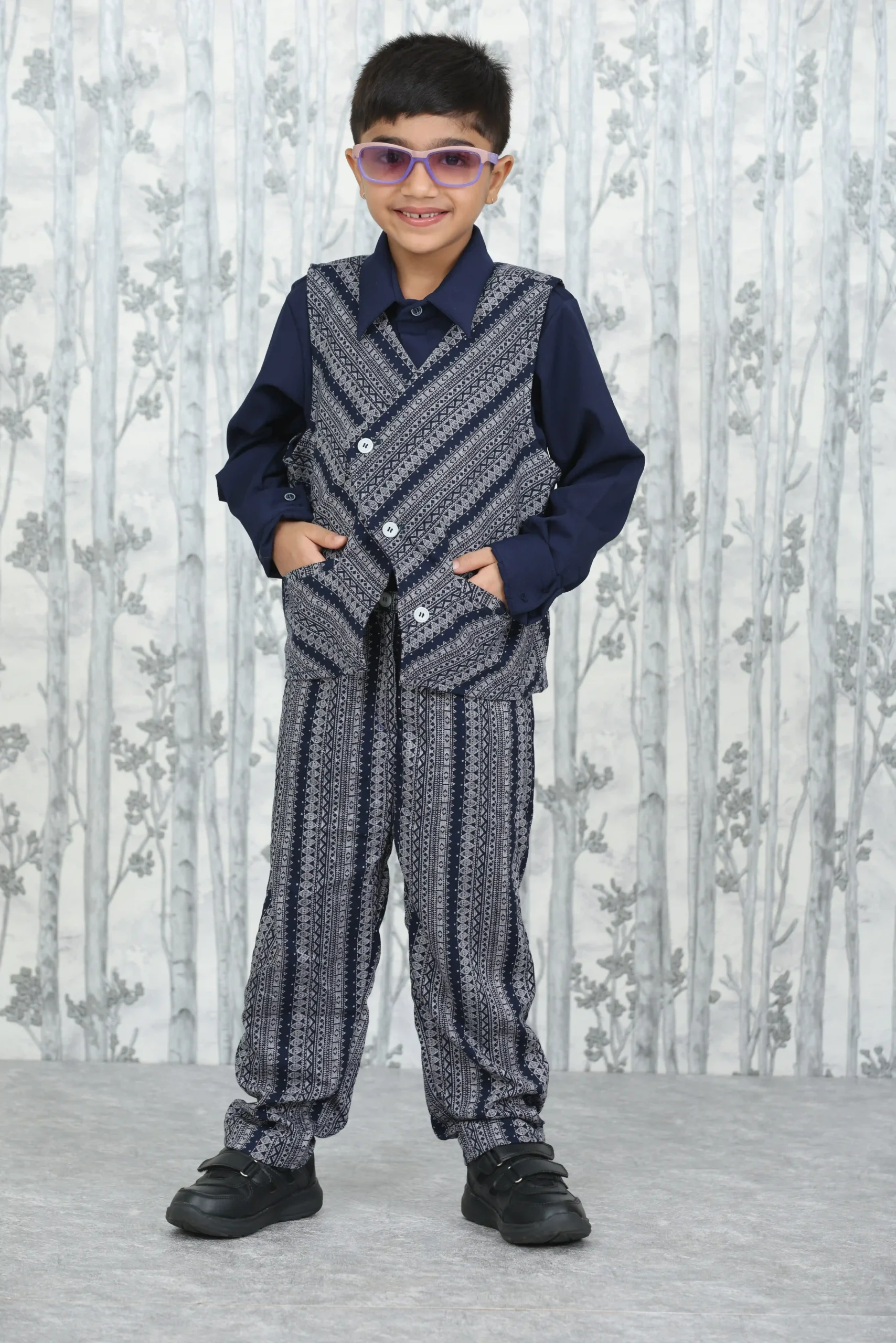 Boys’ 3-Piece Navy & White Ethnic Print Set – Shirt, Jacket & Trouser