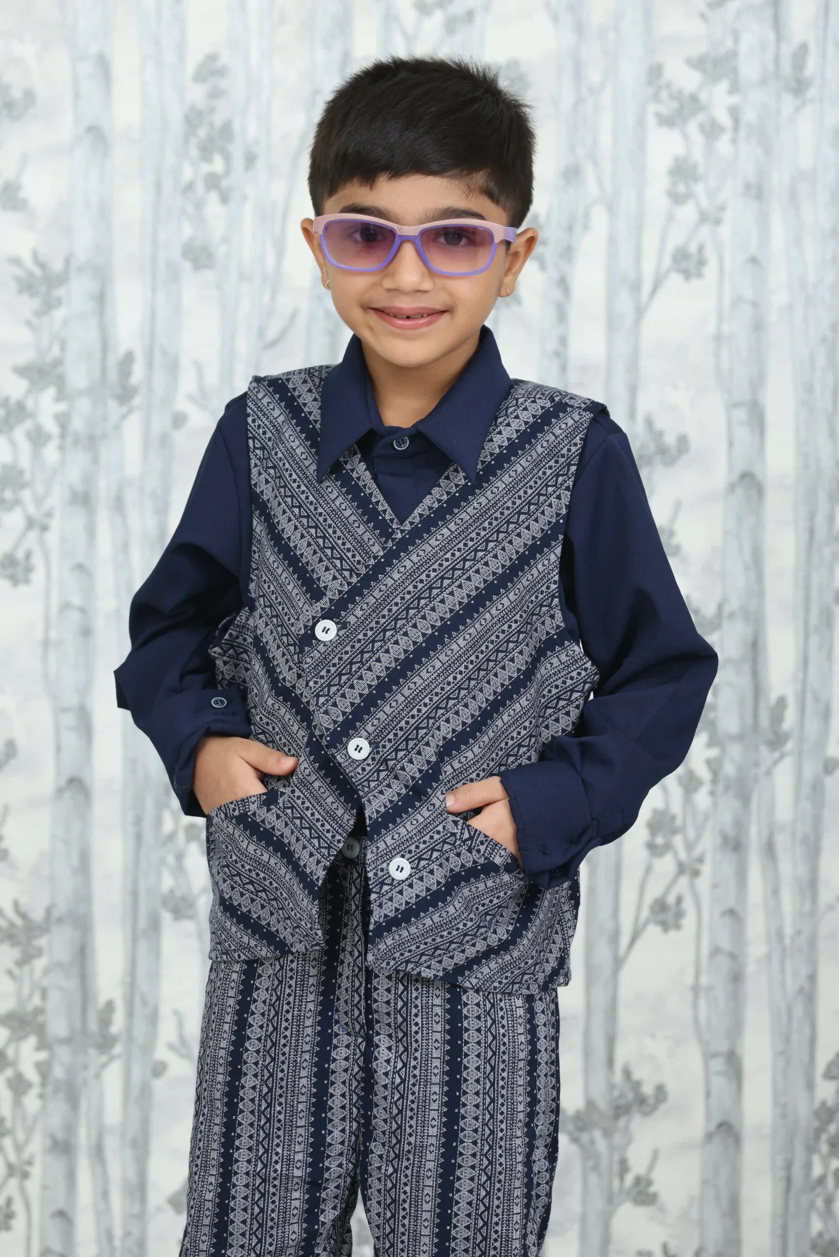 Boys’ 3-Piece Navy & White Ethnic Print Set – Shirt, Jacket & Trouser