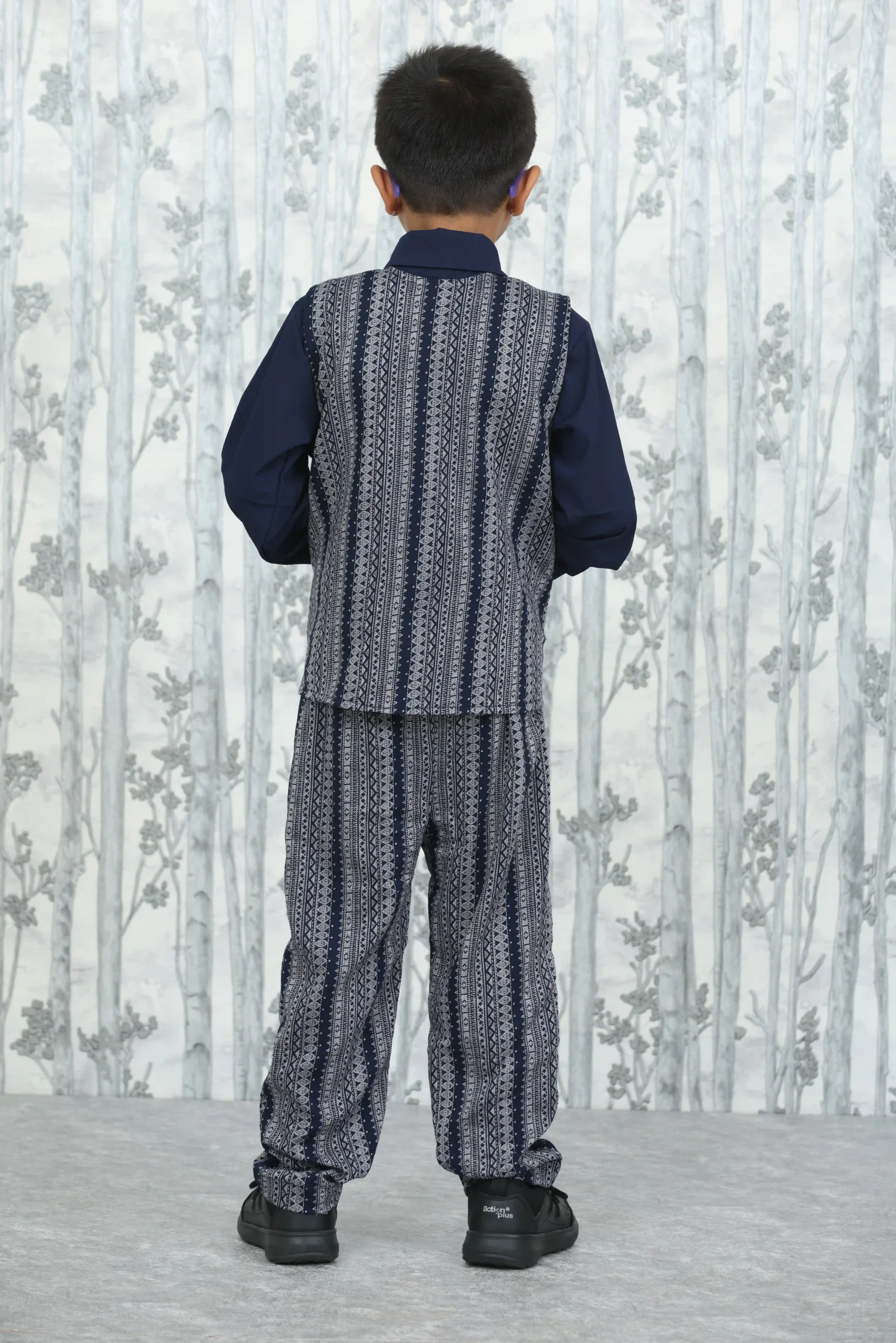 Boys’ 3-Piece Navy & White Ethnic Print Set – Shirt, Jacket & Trouser