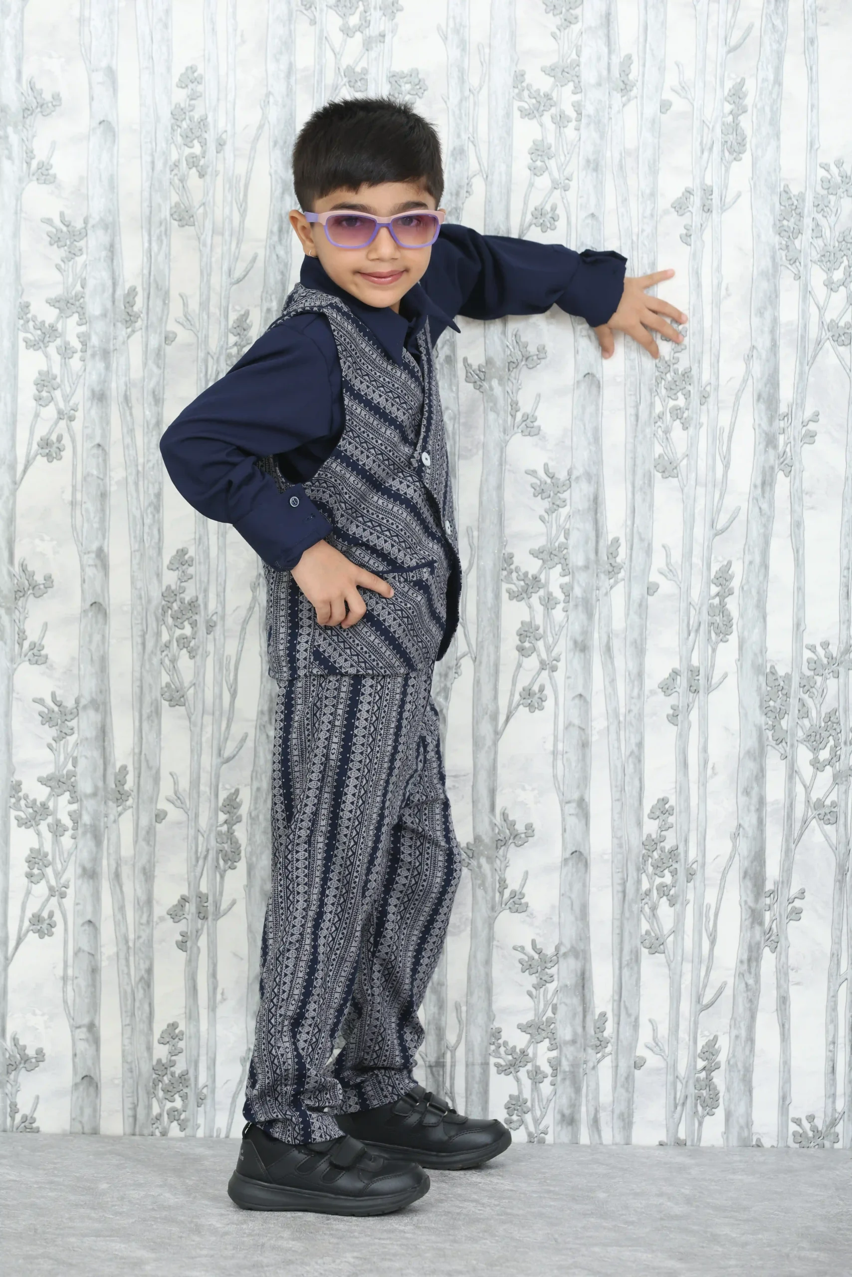 Boys’ 3-Piece Navy & White Ethnic Print Set – Shirt, Jacket & Trouser