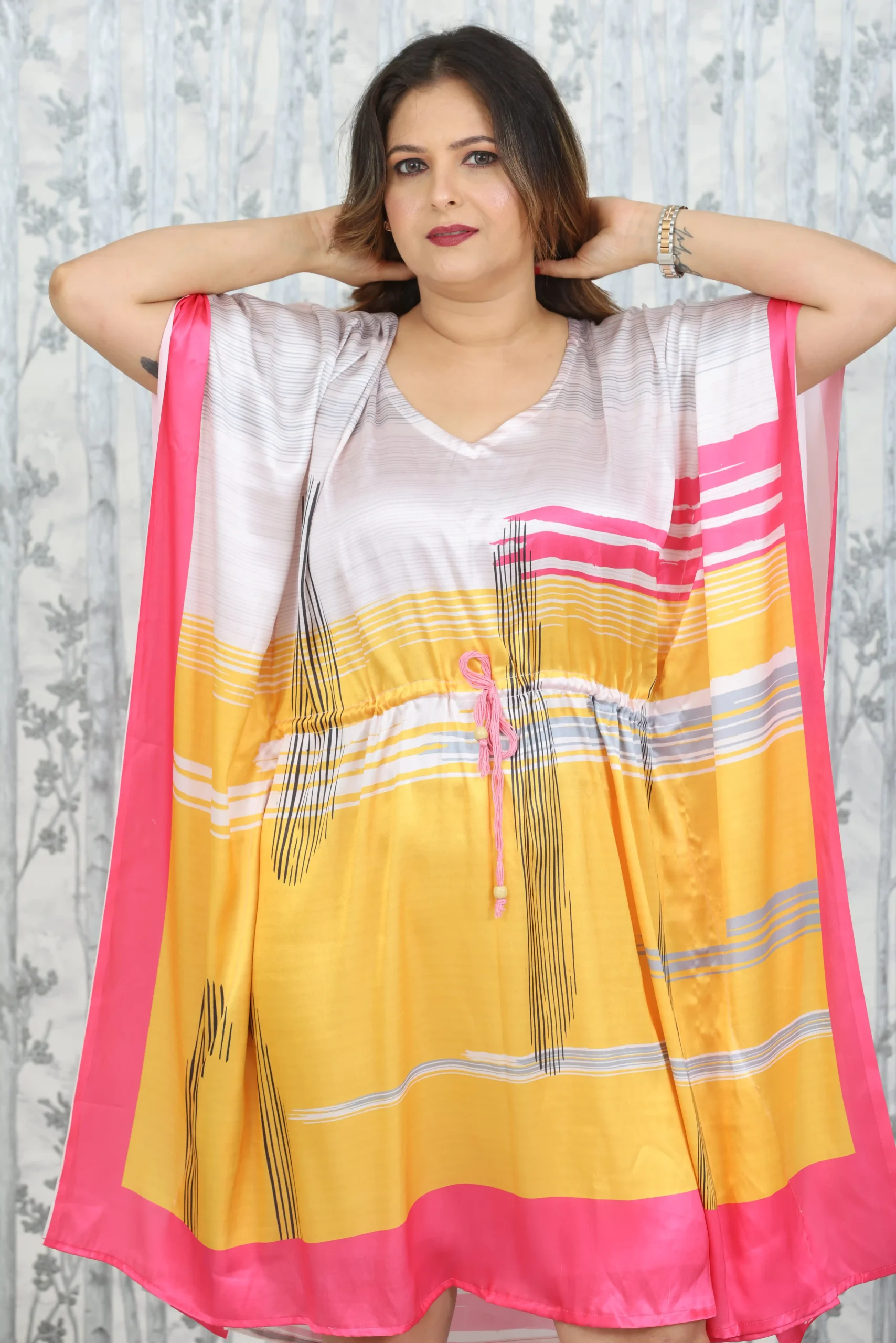 Sunset Glow Satin Kaftan Dress with Drawstring Waist