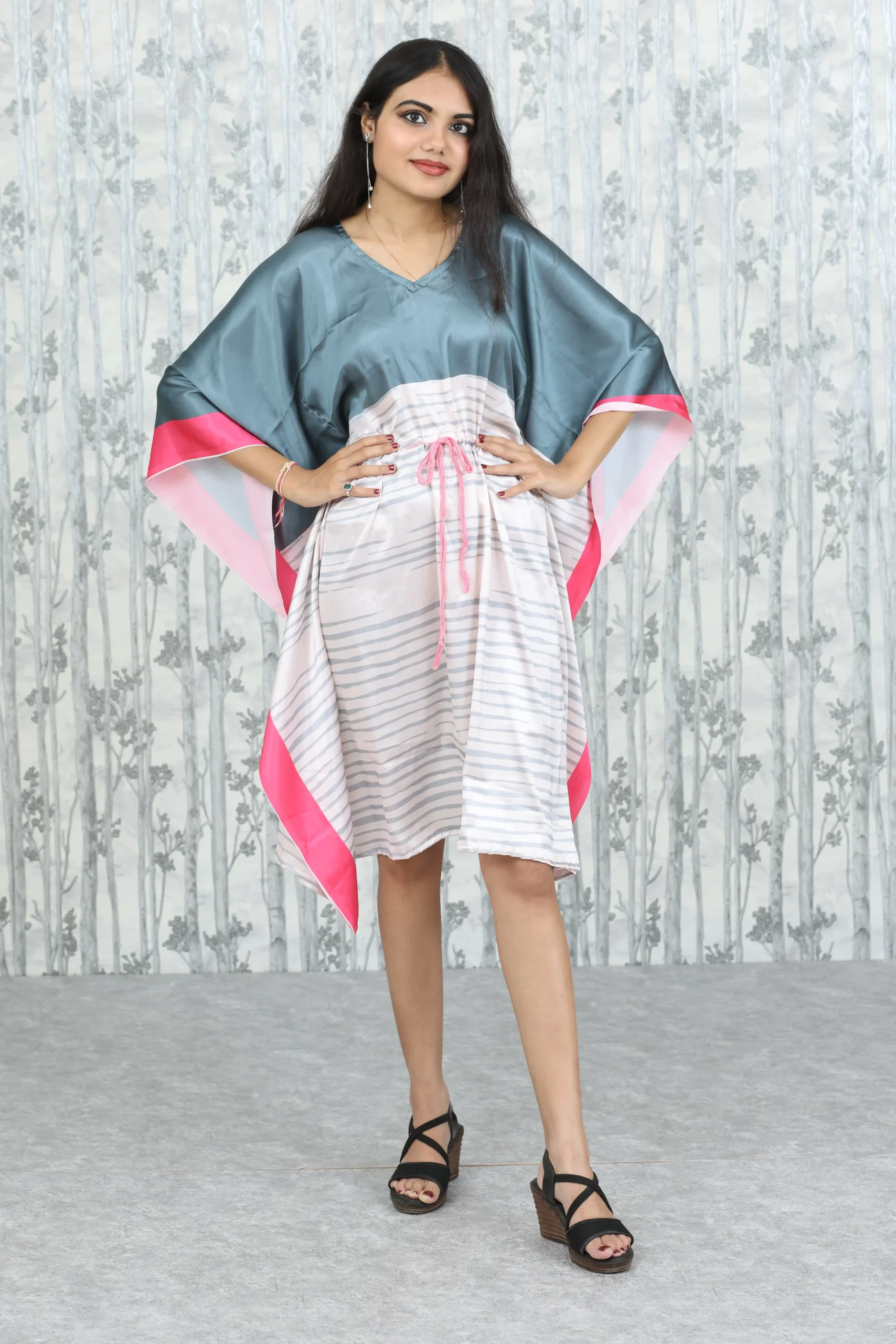 Grey & Blush Satin Kaftan Dress with Drawstring Waist