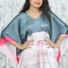Grey & Blush Satin Kaftan Dress with Drawstring Waist