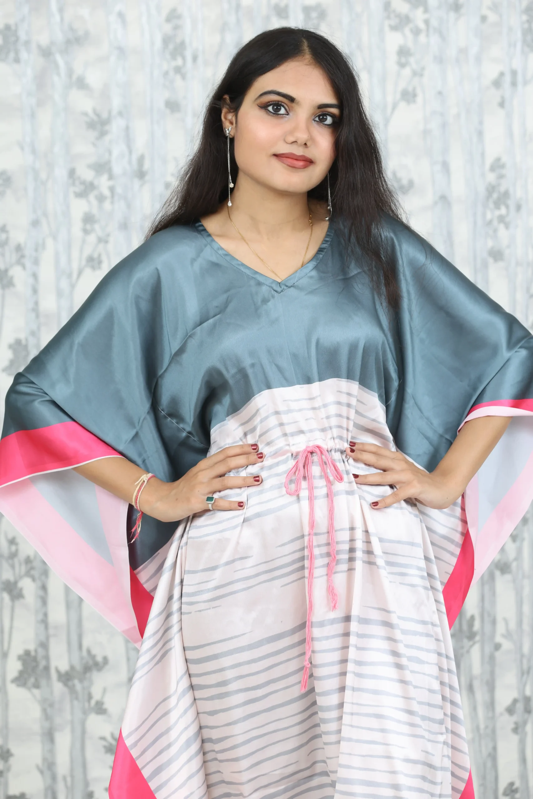 Grey & Blush Satin Kaftan Dress with Drawstring Waist