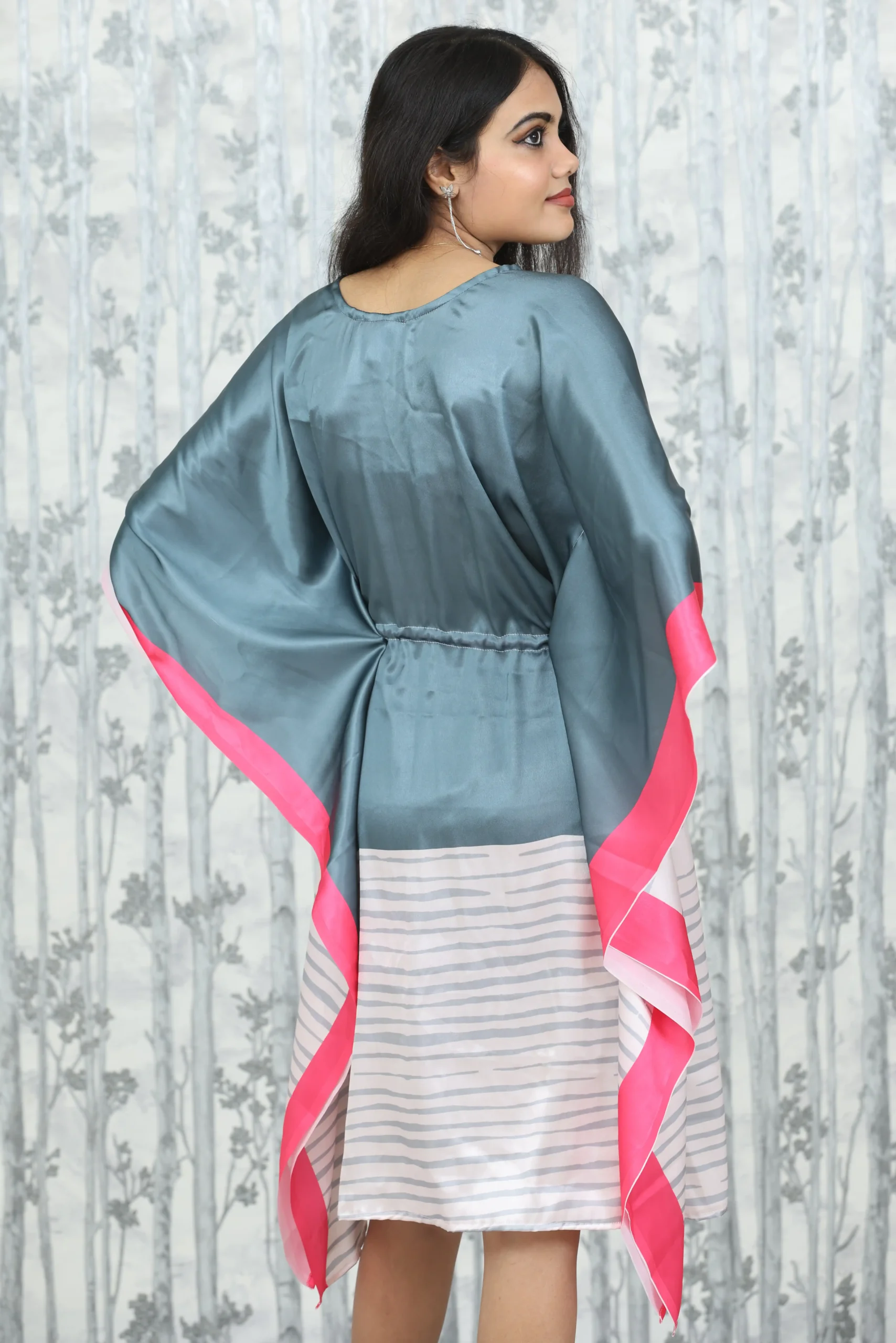 Grey & Blush Satin Kaftan Dress with Drawstring Waist