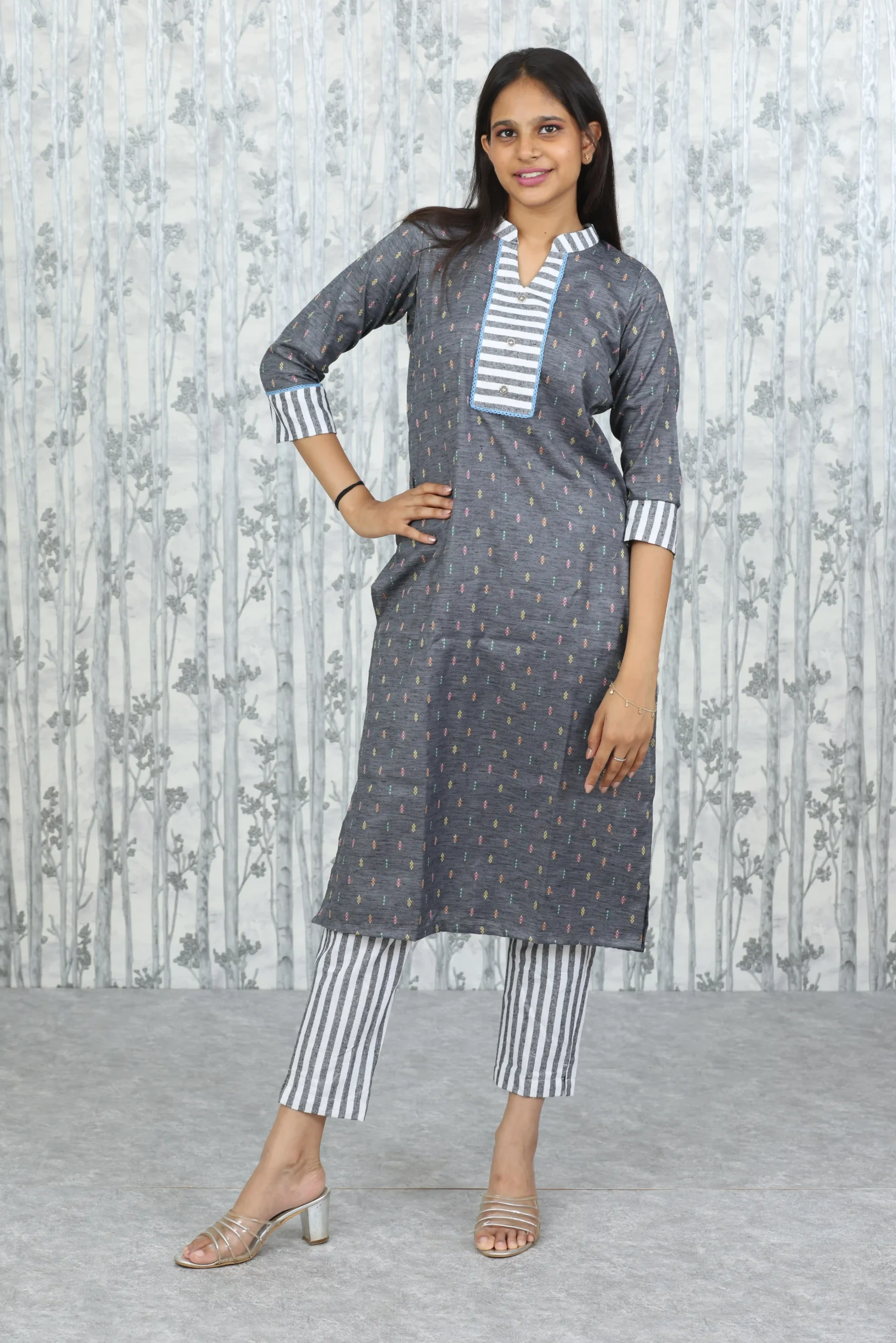 Charcoal Khadi-Look Cotton Kurti with Striped Handloom Pant – 2 Pc Set