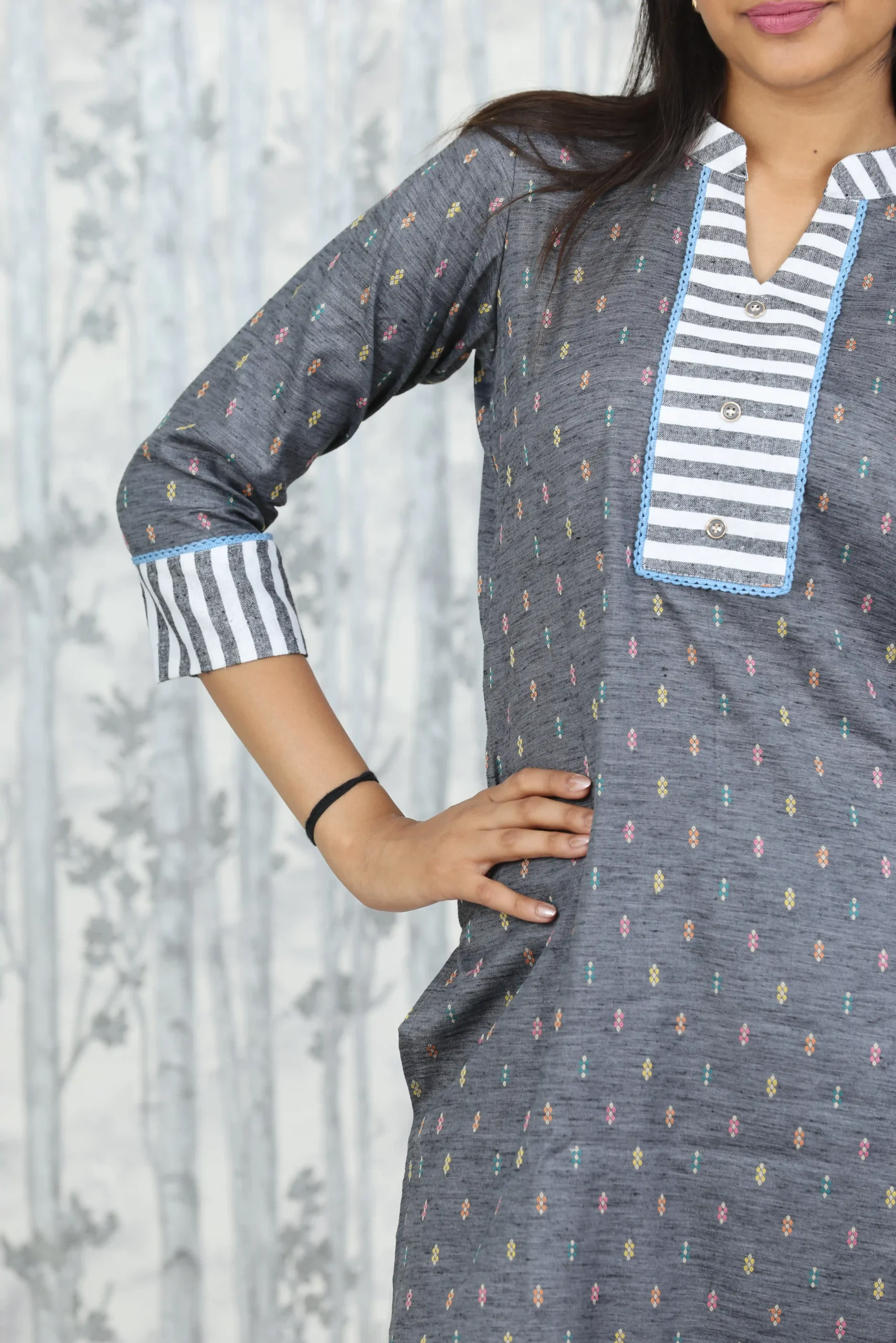 Charcoal Khadi-Look Cotton Kurti with Striped Handloom Pant – 2 Pc Set