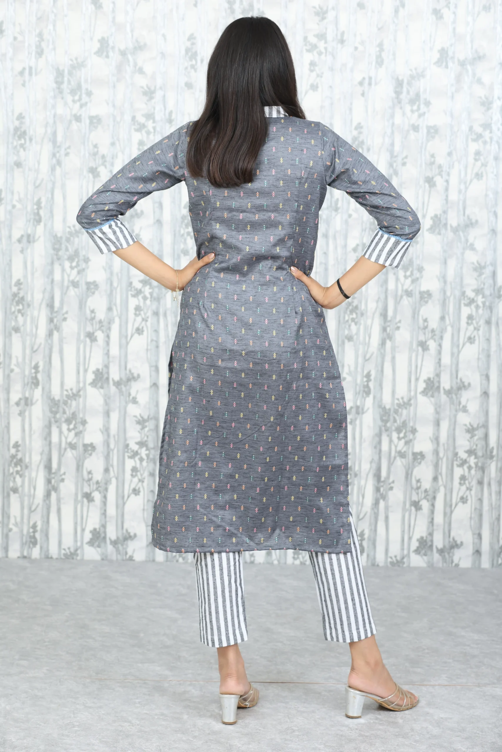 Charcoal Khadi-Look Cotton Kurti with Striped Handloom Pant – 2 Pc Set